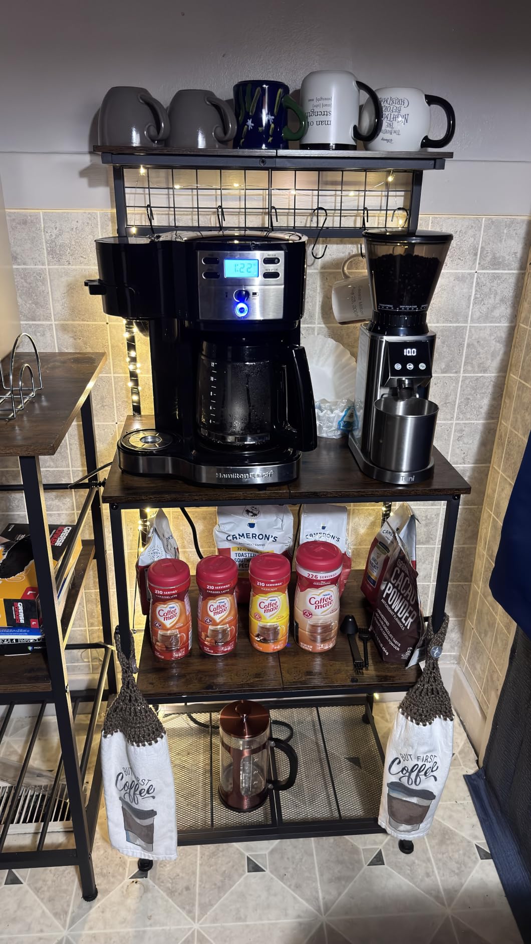 Furologee Kitchen Bakers Rack with Power Outlet, Microwave Oven Stand with Storage 4 Tiers, Coffee Bar Table with 6 S Hooks, Kitchen Storage Shelf Rack for Spices, Pots, Rustic Brown customer photo 2