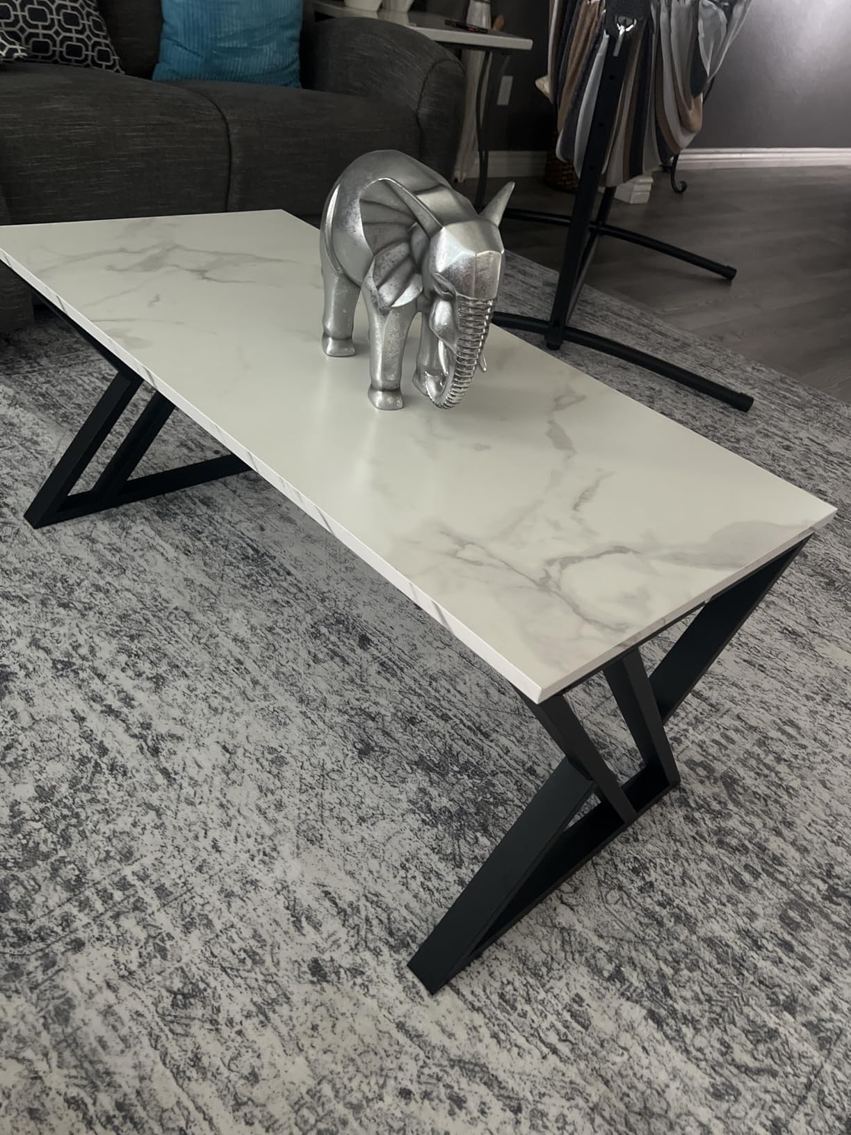 Wolawu Coffee Table Living Room Table White Center Table, Simple Modern Faux Marble Rectangular Tea Tables with Sturdy Gold Metal Frame,Industrial Wooden Coffee Table for Bedroom Home Office customer photo 1