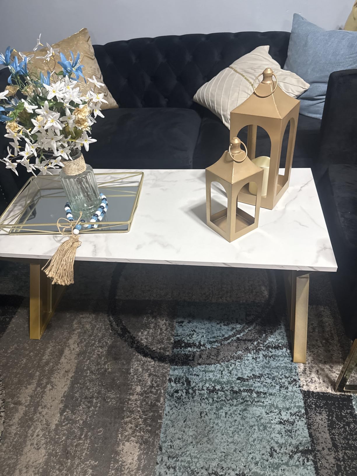 Wolawu Coffee Table Living Room Table White Center Table, Simple Modern Faux Marble Rectangular Tea Tables with Sturdy Gold Metal Frame,Industrial Wooden Coffee Table for Bedroom Home Office customer photo 2
