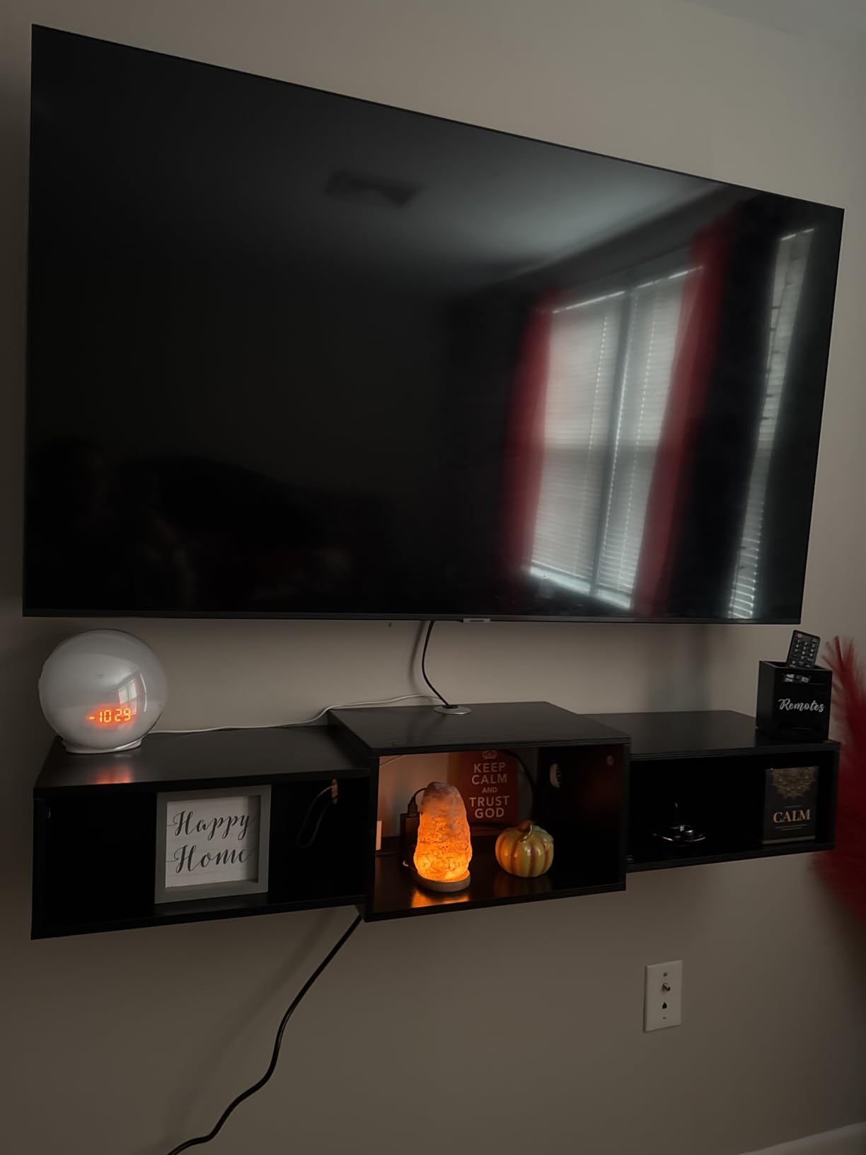 IBUYKE Floating TV Stand Wall Mounted with Power Outlet,Modern Wood Wall Mounted Media Console Shelf,Floating Entertainment Center for Under TV Storage for Living Room Bedroom Office,Black WST001B- customer photo 1