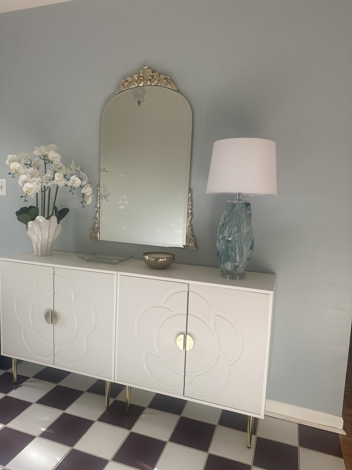 TOLEAD Storage Cabinet, Modern Cabinet with Decorative Flower Pattern Doors, Accent Sideboard Buffet Cabinet for Hallway, Living Room, Kitchen, White customer photo 1
