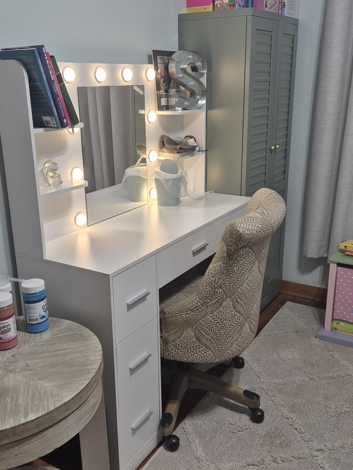 YESHOMY Vanity Desk with Mirror, Outlet, 10 Lights & 7 Drawers,Pure White | Lighted Mirror with 3 Color Modes,Makeup Table,Large Storage Capacity,Available for bedroom customer photo 2