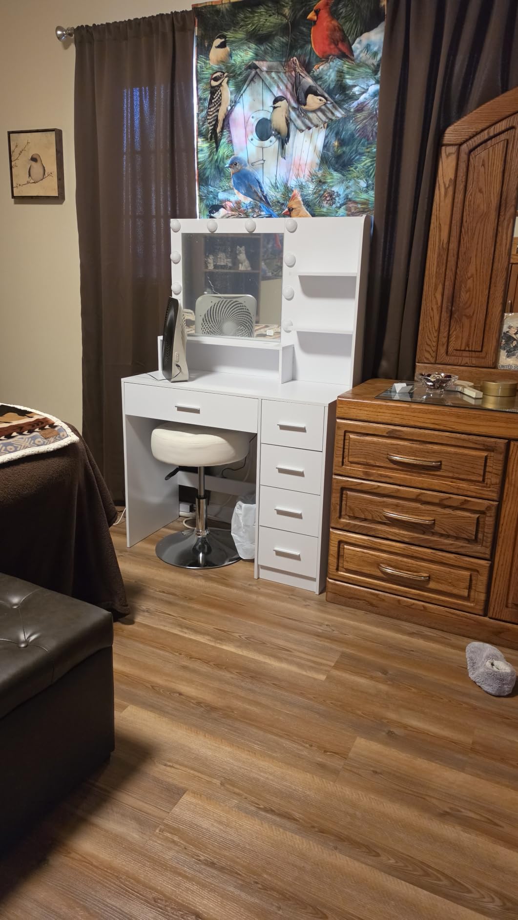 Quimoo Vanity Desk with Mirror & Lights, Makeup Vanity with 5 Drawers & Storage Shelves, White Vanity Table, 3 Color Modes & Adjustable Brightness, Dressing Table, Bedroom customer photo 1