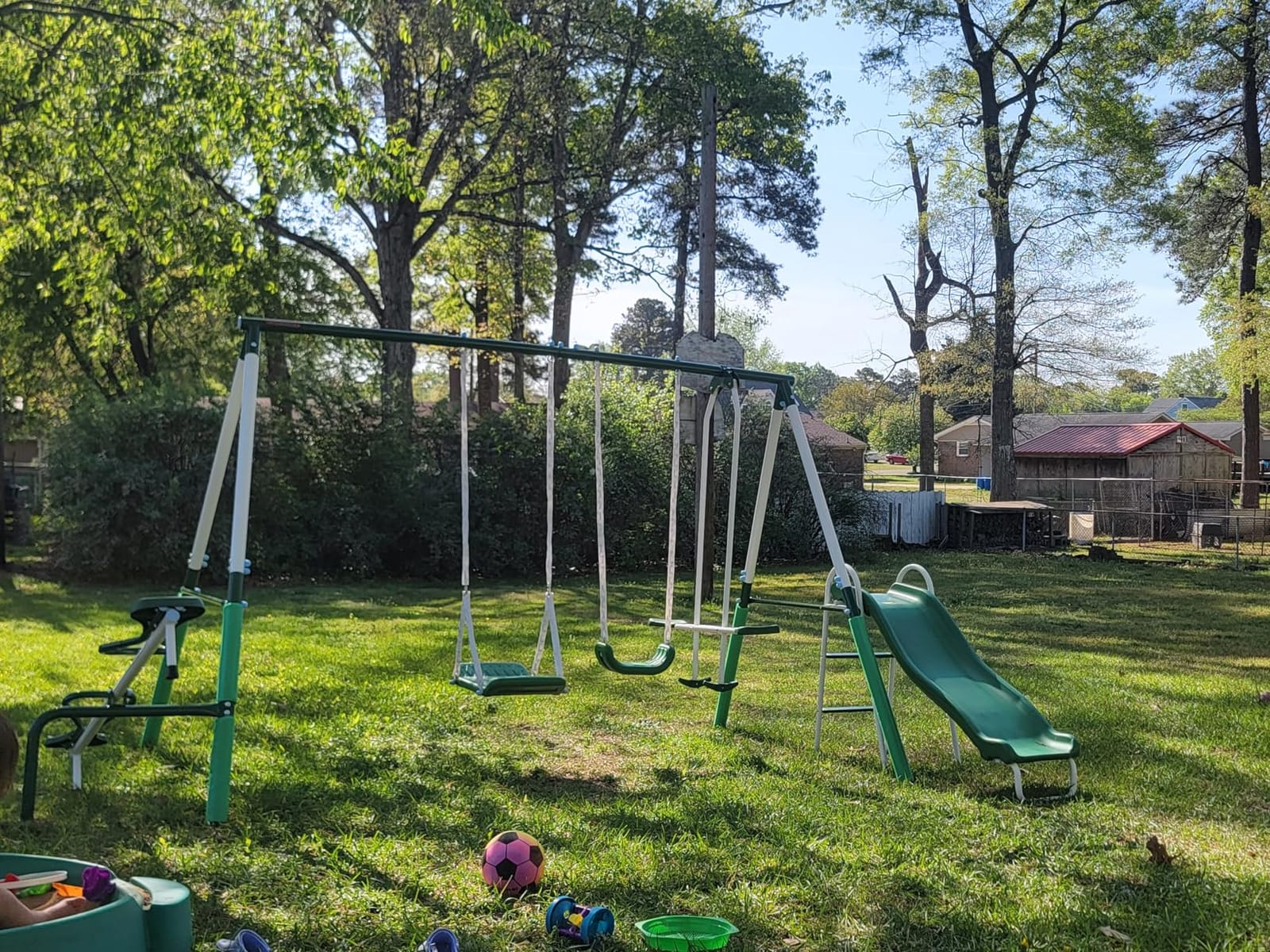 Sportspower Park Ridge Metal Swing Set for Ages 3-8, 2 Swings, Standing Swing, Roman Glider, Teeter Totter, on 5ft Slide, 6.1ft Durable Steel Frame, Anchor Kit, 800lbs customer photo 1