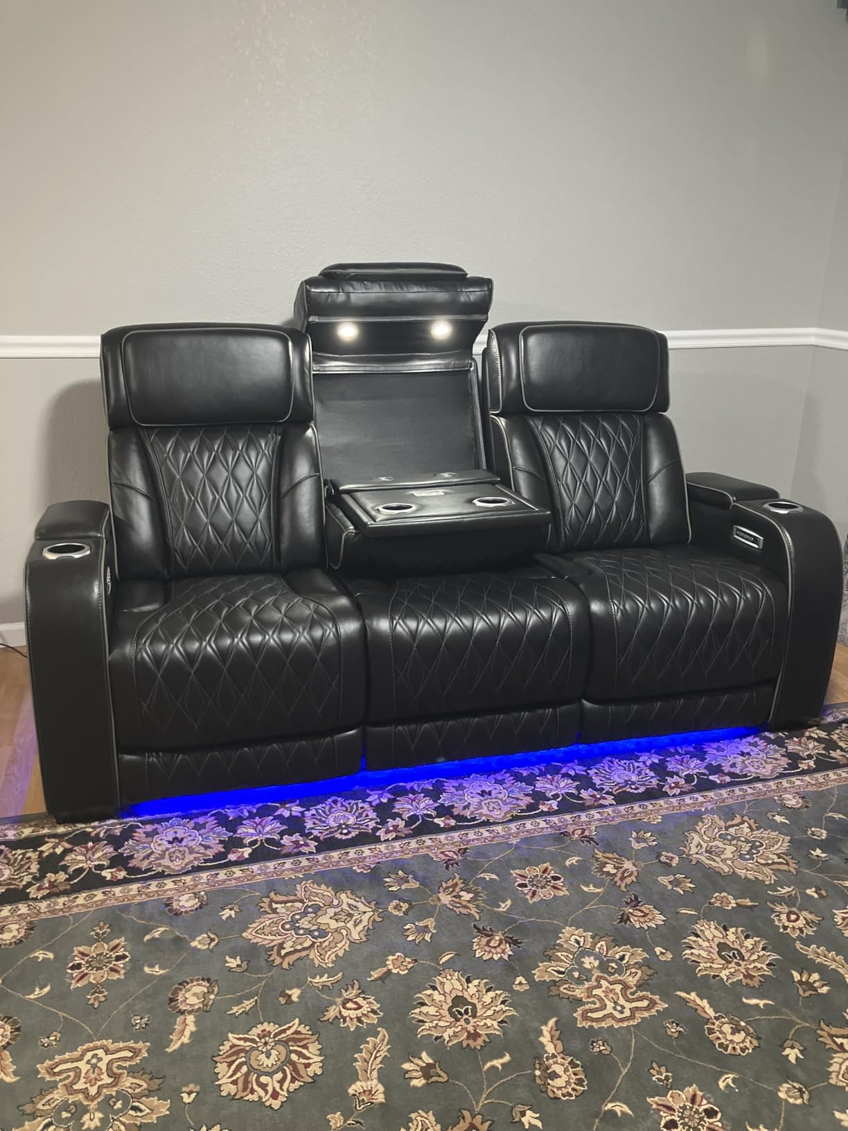 Signature Design by Ashley Power Reclining Loveseat with Console, Gray | Heated air massage seats, Top grain leather faux leather combination, Zero gravity recline, Home theater seating, Boyington customer photo 1
