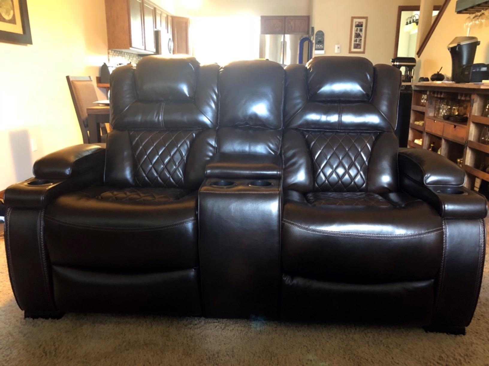 Signature Design by Ashley Power Reclining Loveseat with Console, Gray | Heated air massage seats, Top grain leather faux leather combination, Zero gravity recline, Home theater seating, Boyington customer photo 2