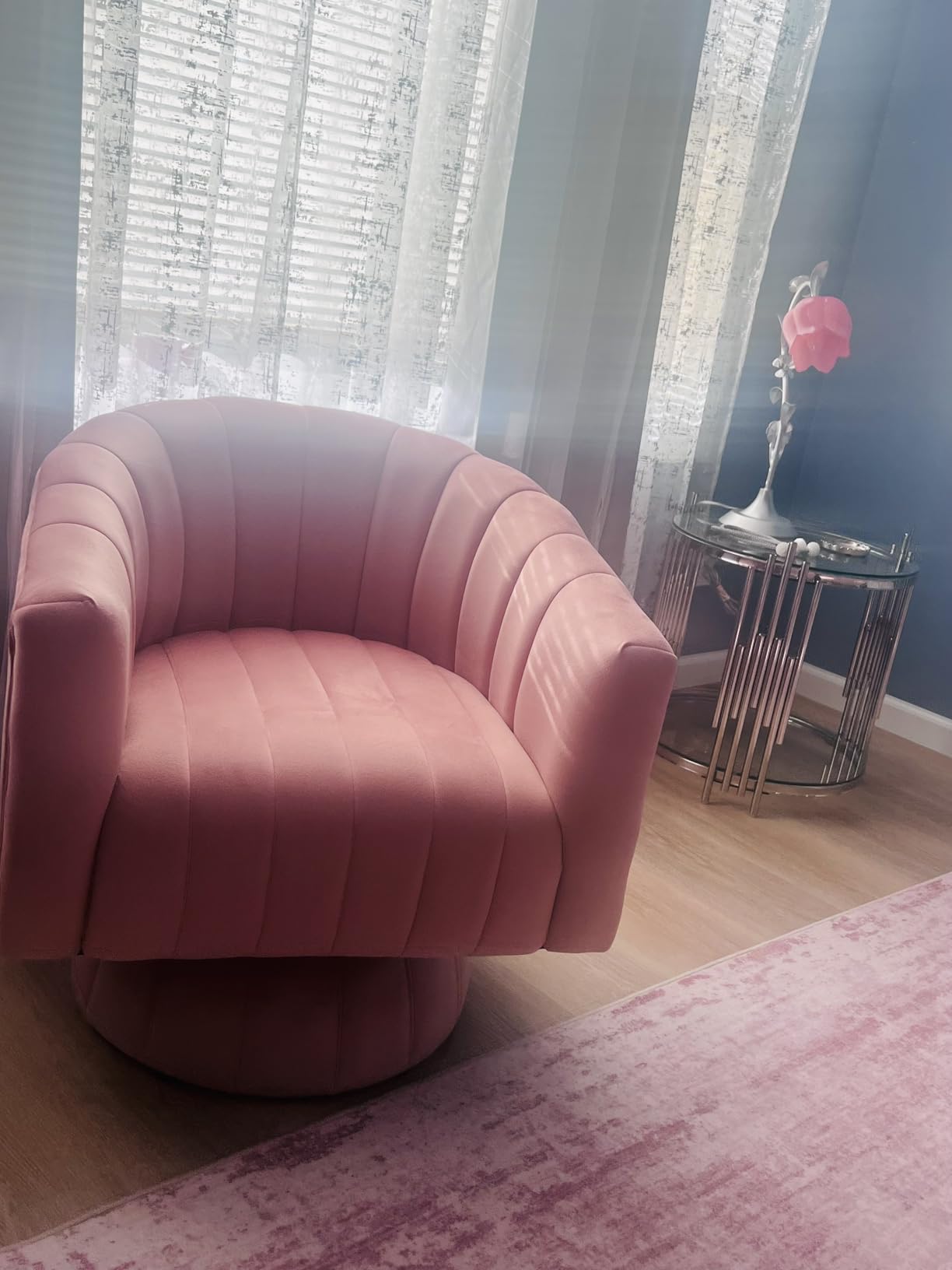 Kromax Swivel Accent Chair, Modern 360 Degree Swivel Barrel Chair, Beige | Mid Century Overstuffed Tufted Velvet Chair with Armrest, Comfy Round Armchair, Ideal for Living Room, Bedroom, Reading Room customer photo 2