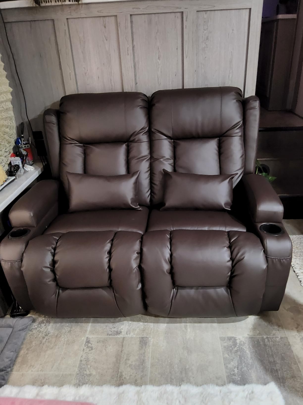 URRED Power Loveseat Recliner Sofa with Massage and Heat，Black | Wall Hugger Reclining Loveseat with Console, RV Couch Home Theater Seating with LED Lights for Living Room, Faux Leather customer photo 1