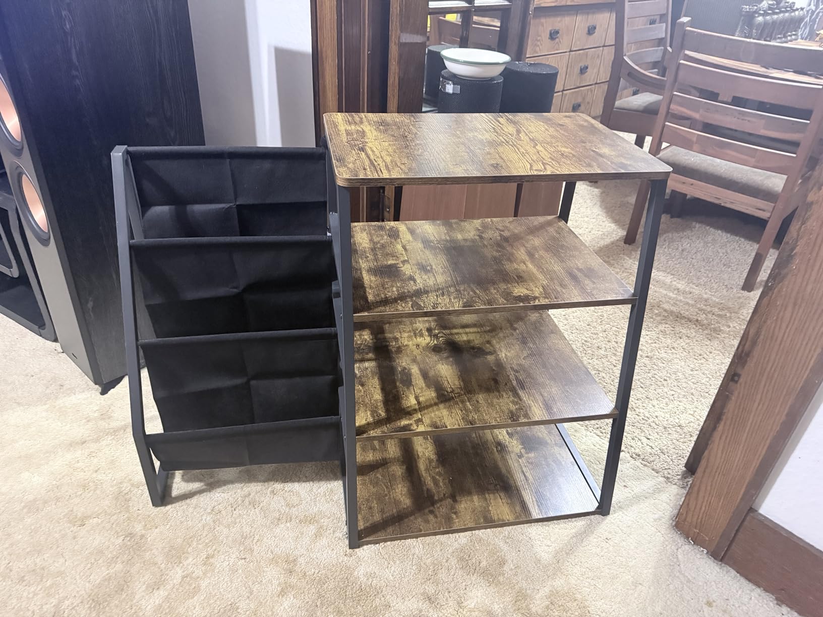 Besiost AV Media Stand with Outlets, Media Console with LED Lights, Stereo Racks and Stands with Storage Shelves, Media Audio Tower Cabinet, Rustic Brown customer photo 1