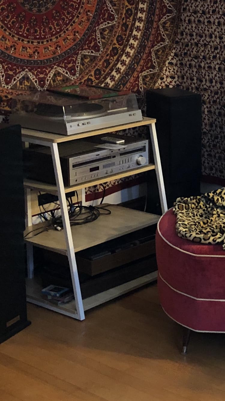 Besiost AV Media Stand with Outlets, Media Console with LED Lights, Stereo Racks and Stands with Storage Shelves, Media Audio Tower Cabinet, Rustic Brown customer photo 2