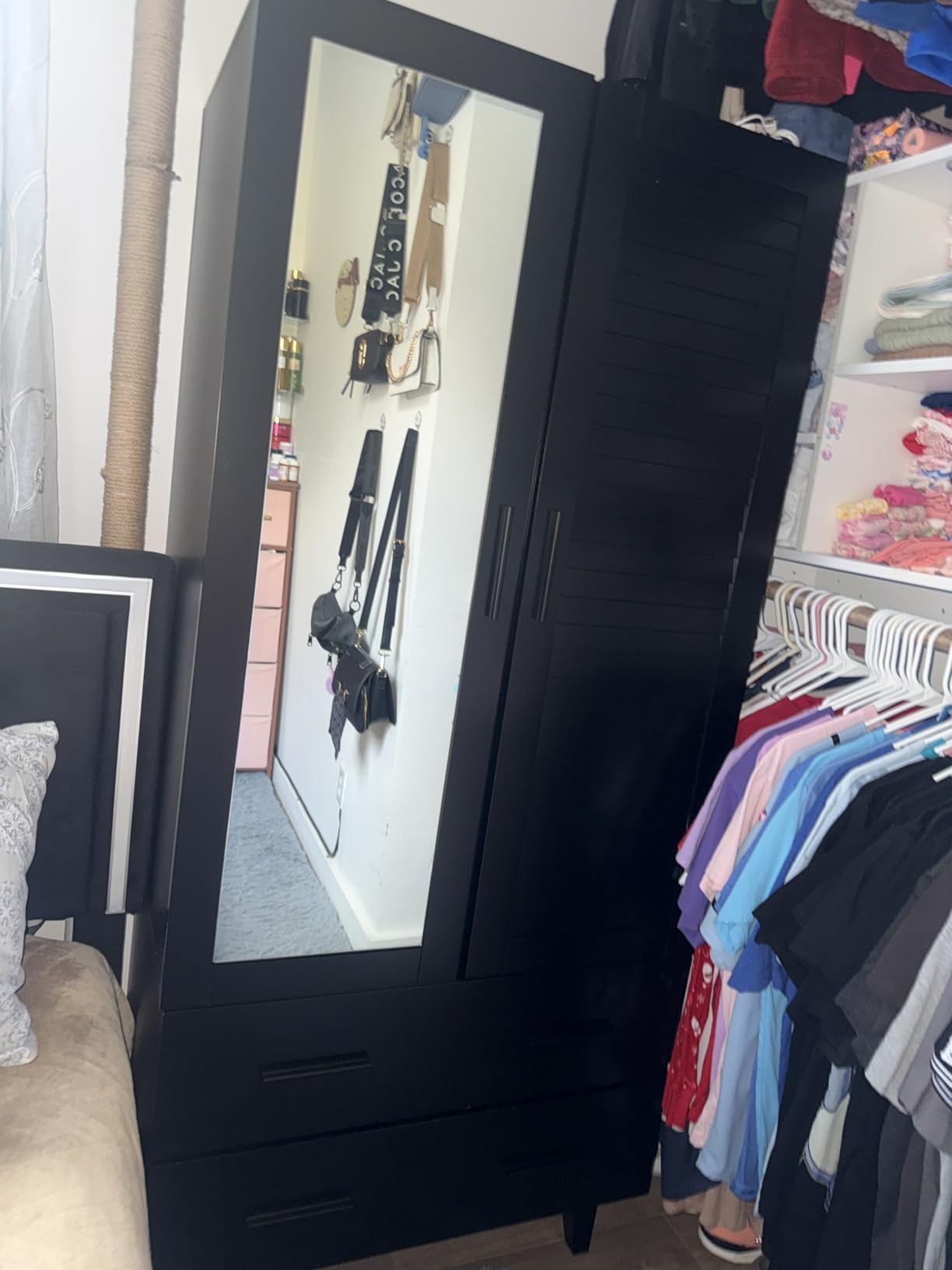jiteentarou 4 Door Armoire Wardrobe Closet Cabinet with Drawers and LED Lights, Multi-Tier Shelves, Hanging Rod & 4 Louver Doors, Large Capacity Storage Wardrobe Armoire for Bedroom(4 Doors White) customer photo 2