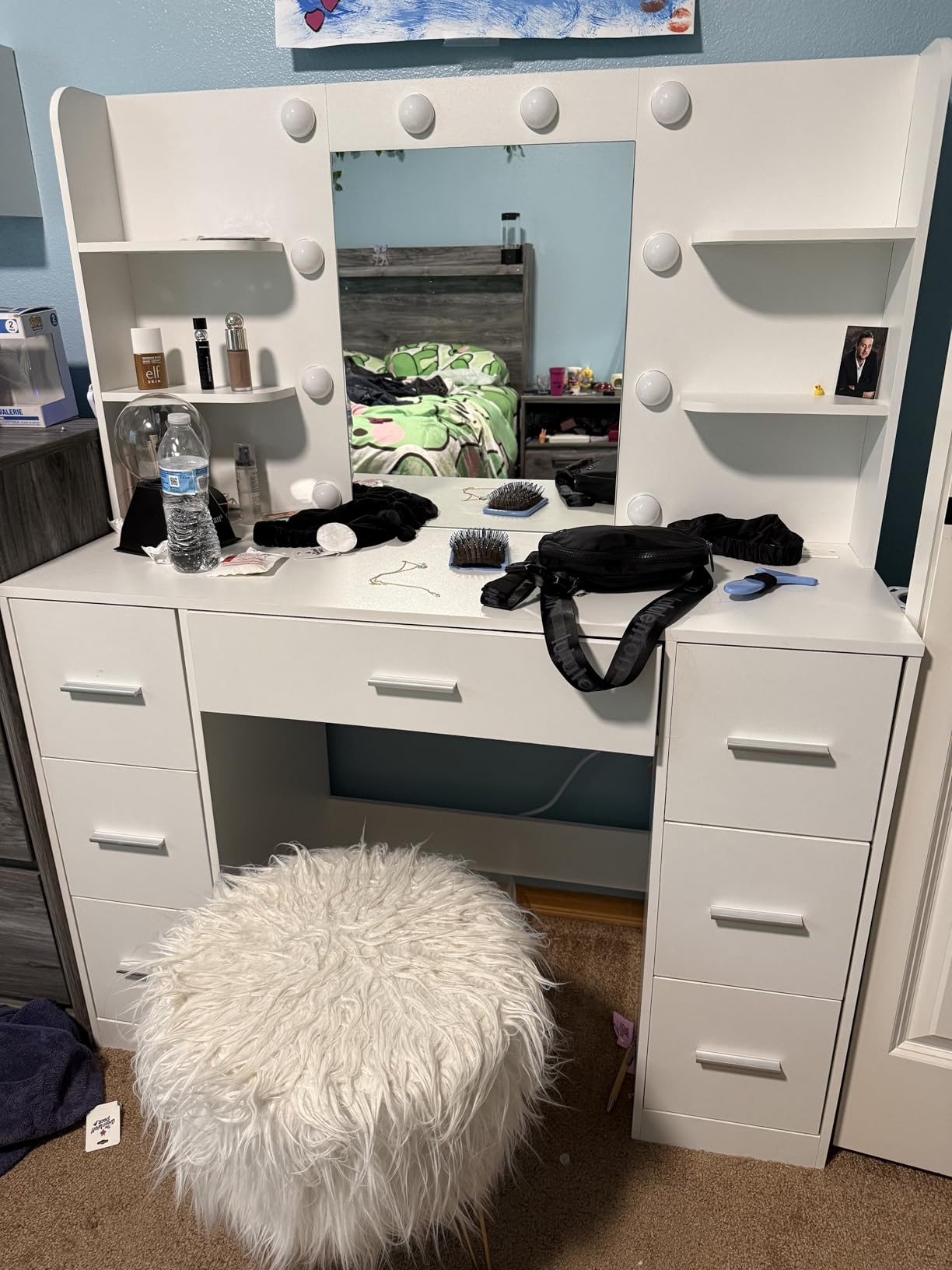 Furmax Vanity Desk with LED Mirror,Power Outlet,7 Drawers Makeup Table customer photo 2