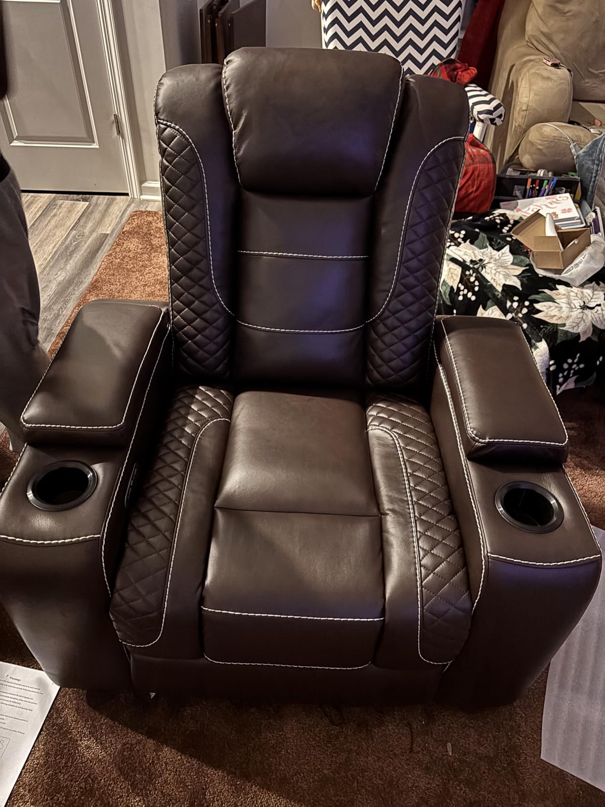 ANJ Power Home Theater Seating, PU Leather Electric Recliner Chair with Adjustable Headrest, Dual Motors Movie Reclining Chairs with LED Lights,USB Port, Cup Holders, Hidden Arm Storage (Blue & Black) customer photo 2