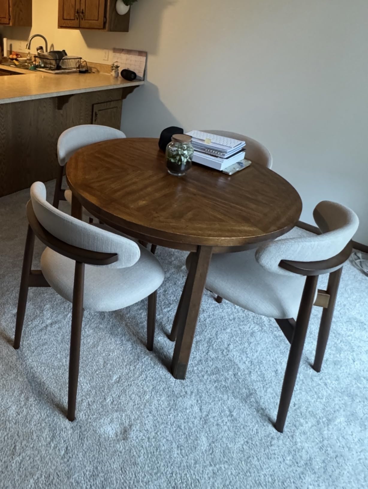 COLAMY Wooden Dining Chairs Set of 4, Modern Fabric Upholstered Kitchen Side Chairs, Farmhouse Dining Room Chair with Foot Pegs, Beige customer photo 2