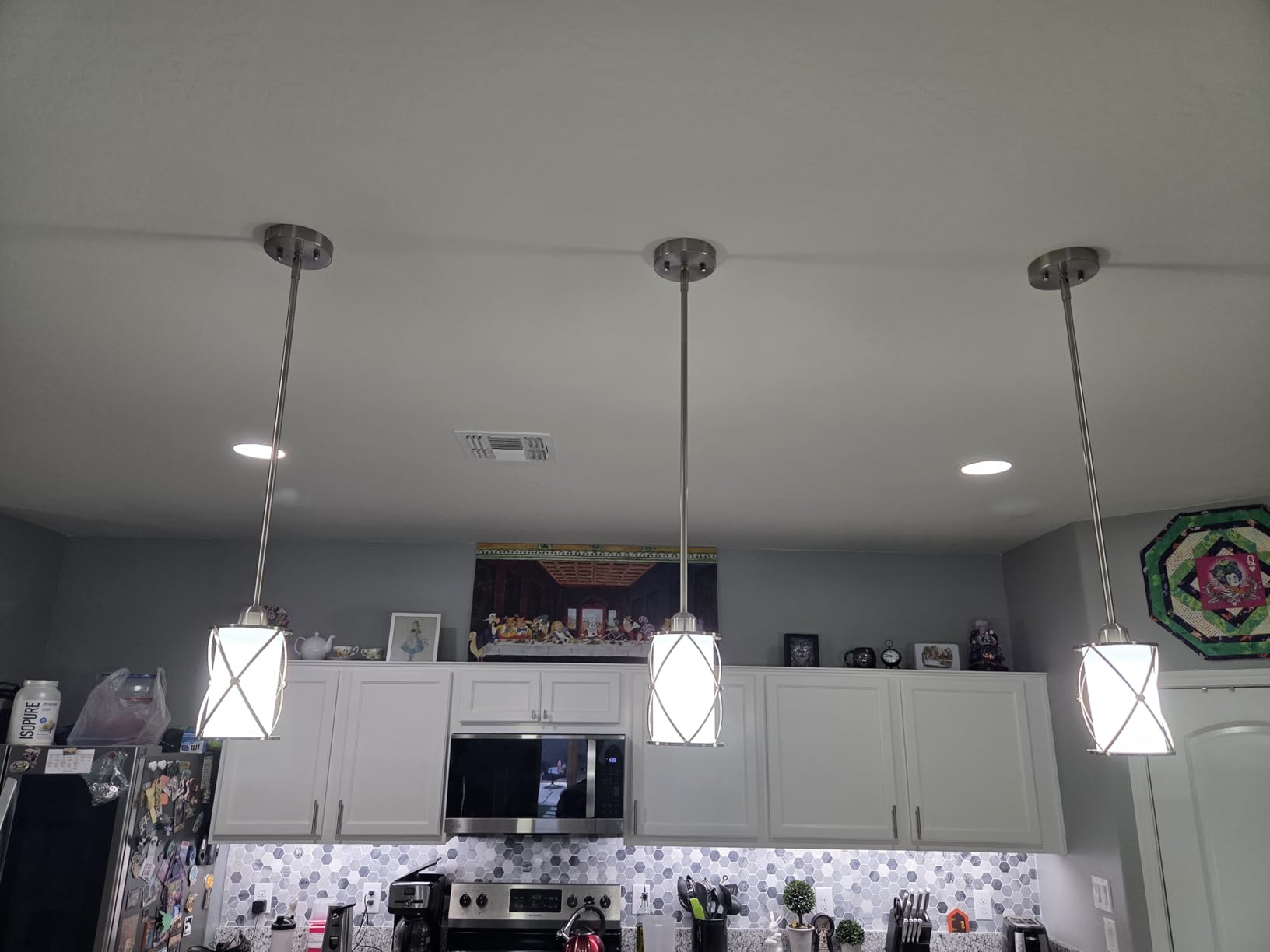 Brushed Nickel Pendant Lights Kitchen Island 3 Pack, Glass Kitchen Pendant Lighting Over Island with Rod, Modern Mini Hanging Light for Kitchen Sink Dining Room, CH9176BN-3PK customer photo 2