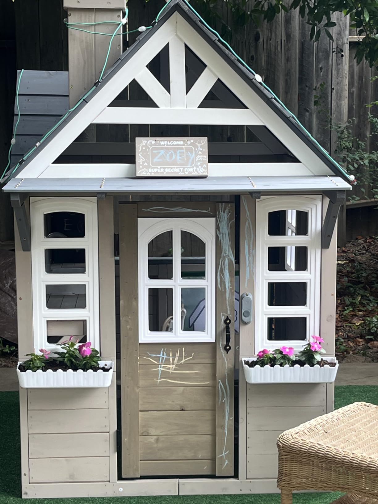 Kids Outdoor Playhouse,Cedar Gray Wooden Play House for Kids Ages 3-8, with Play Kitchen, Interactive Doorbell, Toy Phone, Sink, Flowerpot customer photo 1