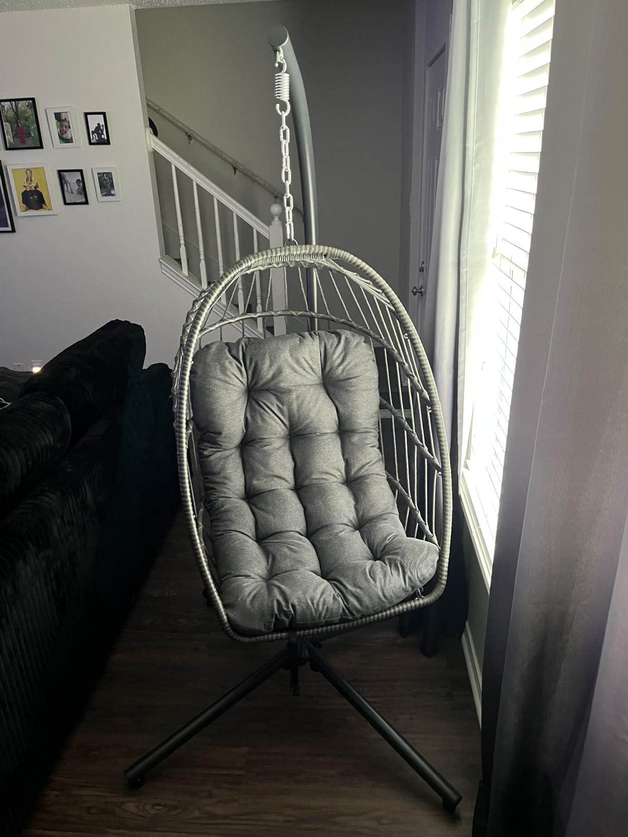 SWITTE Egg Chair Outdoor with Stand, Indoor Wicker Hanging Egg Swing, Grey customer photo 2