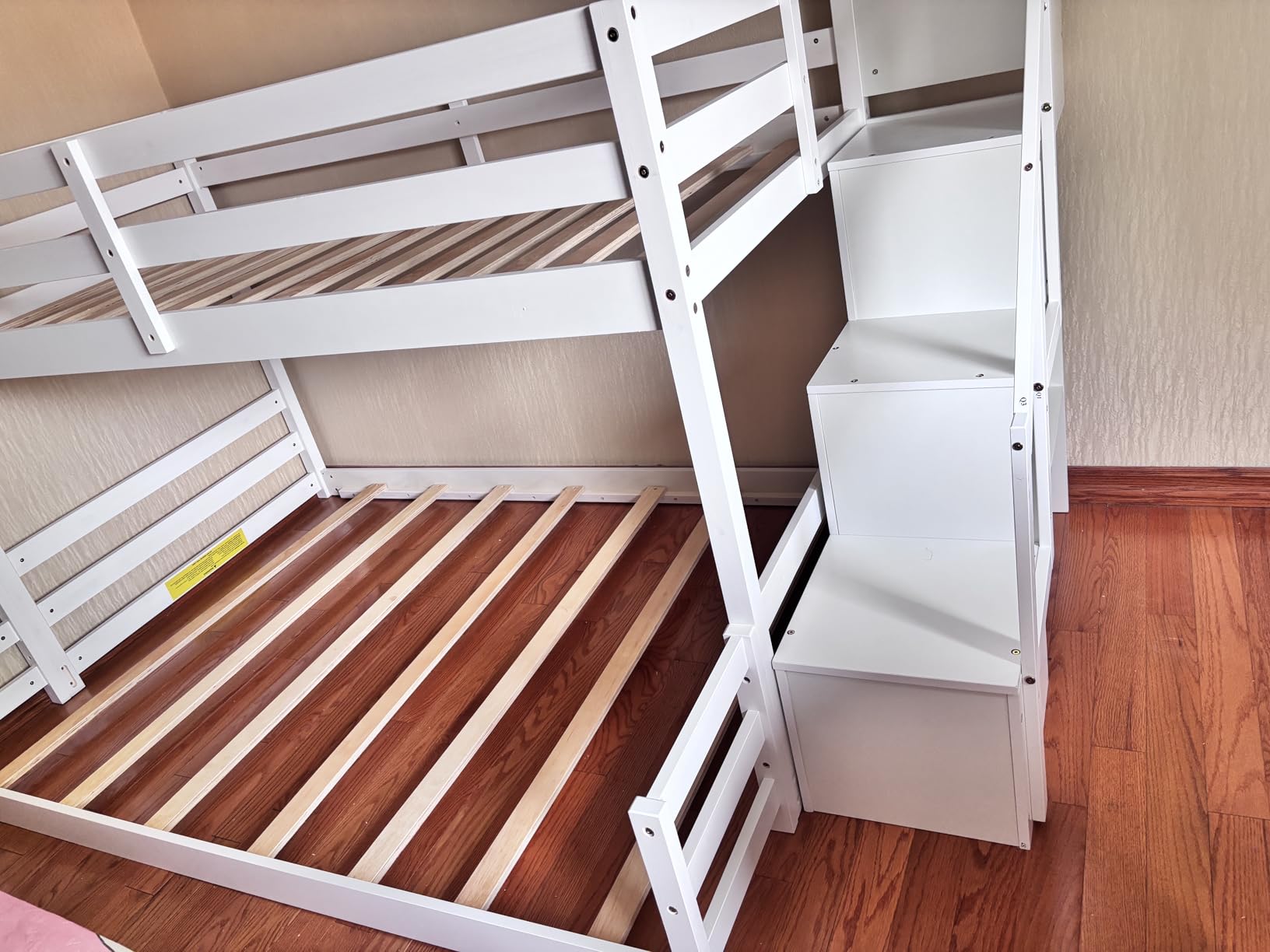 GIANTEX Twin Over Twin Bunk Bed with Stairs, Solid Wood Floor Bunk Bed with Storage Staircase & Full-Length Guardrails, Low Bunk Bed with for Kids, Teens, Adults, Dorm, Small Space, White customer photo 1