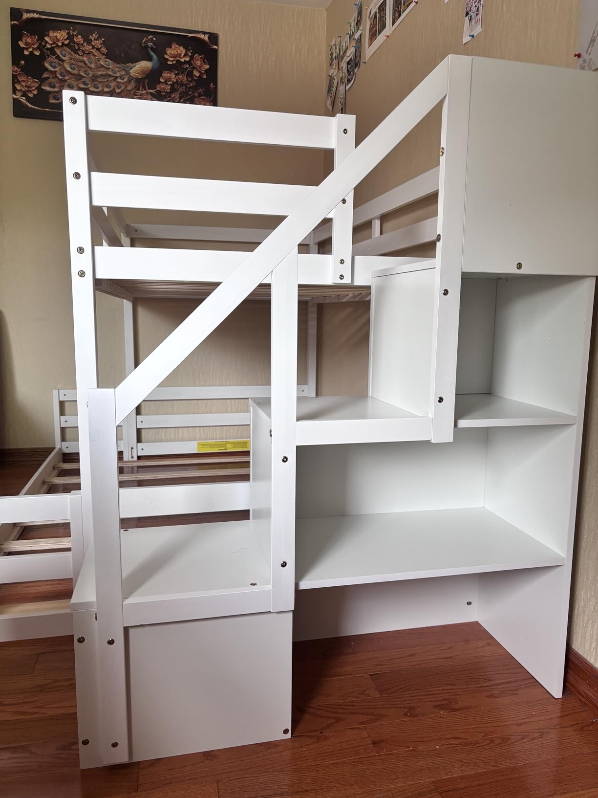 GIANTEX Twin Over Twin Bunk Bed with Stairs, Solid Wood Floor Bunk Bed with Storage Staircase & Full-Length Guardrails, Low Bunk Bed with for Kids, Teens, Adults, Dorm, Small Space, White customer photo 2