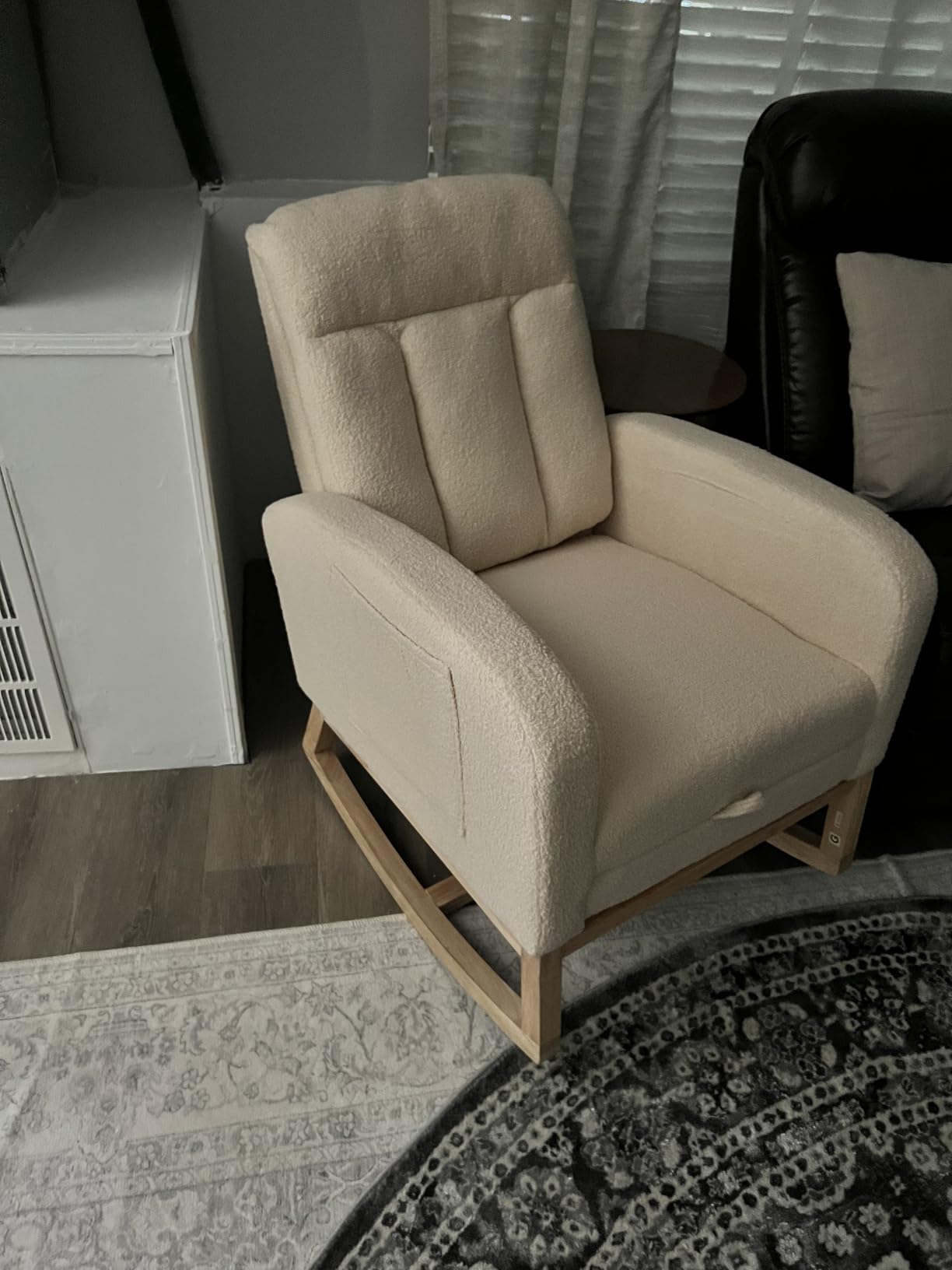 NIOIIKIT Modern Nursery Rocking Chair, Teddy Upholstered Rocking Chair with Footrest, Comfortable Rocker Glider with Side Pocket, Rocker Glider for Living Room, Bedroom, Nursing Room (Beige) customer photo 2