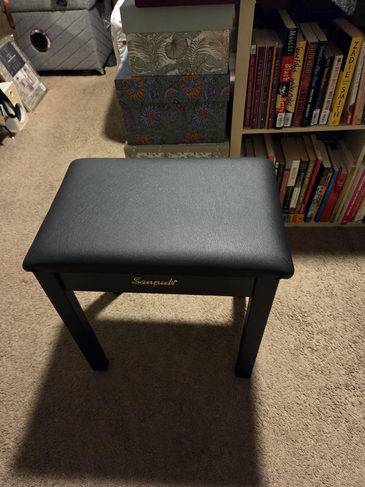 Sanpuli Solid Wood Piano Bench with Storage, Piano Stool and Padded Cushion, Keyboard Bench with Bookcase, Piano Chair and Piano Seat with High-Density Sponges. customer photo 1