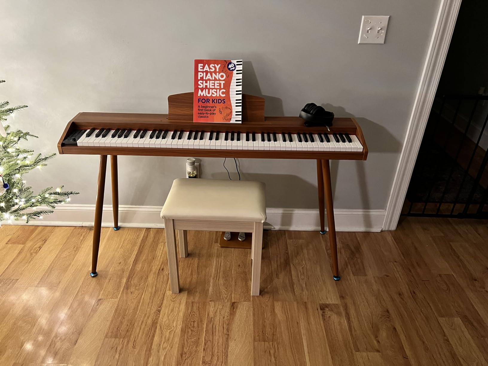 Sanpuli Solid Wood Piano Bench with Storage, Piano Stool and Padded Cushion, Keyboard Bench with Bookcase, Piano Chair and Piano Seat with High-Density Sponges. customer photo 2
