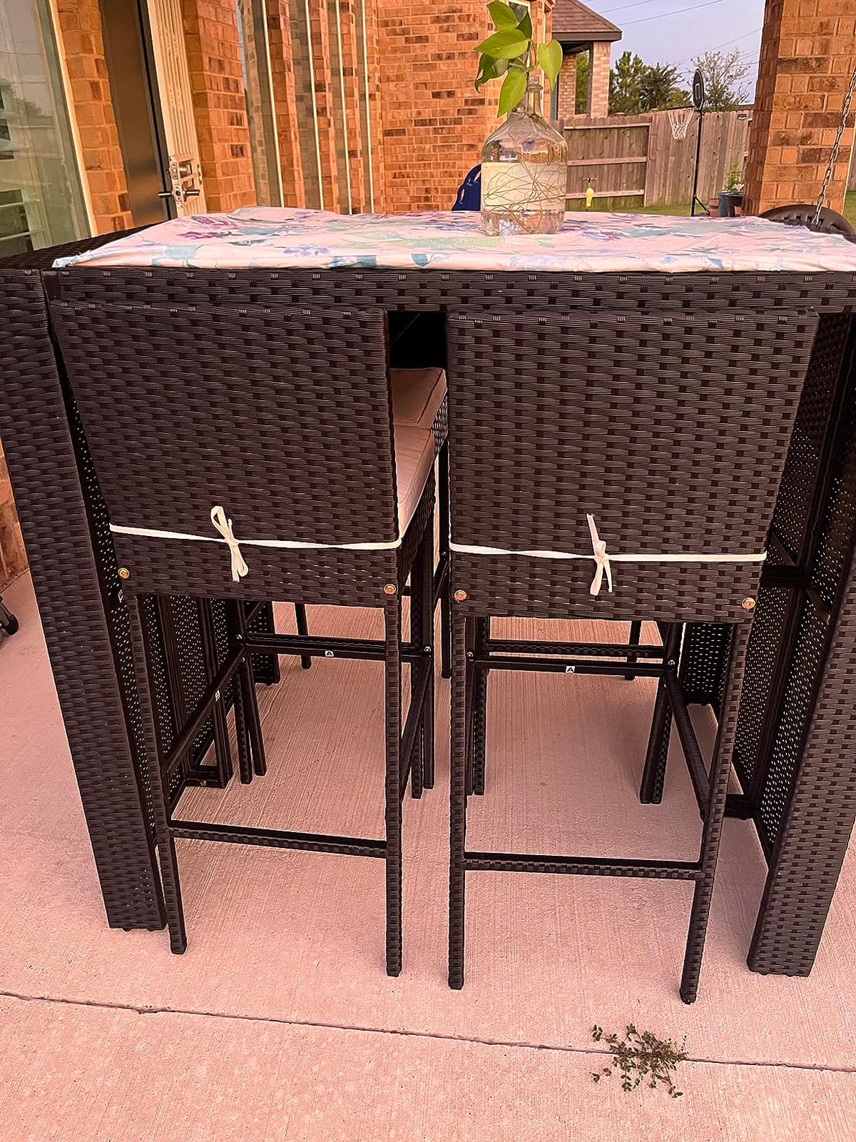 Tangkula 7 Piece Patio Wicker Bar Set, Patiojoy Outdoor Acacia Wood Bar Height Table & 6 Rattan Bar Stool Chairs with Backrest and Footrest, for Bistro Garden Balcony customer photo 1