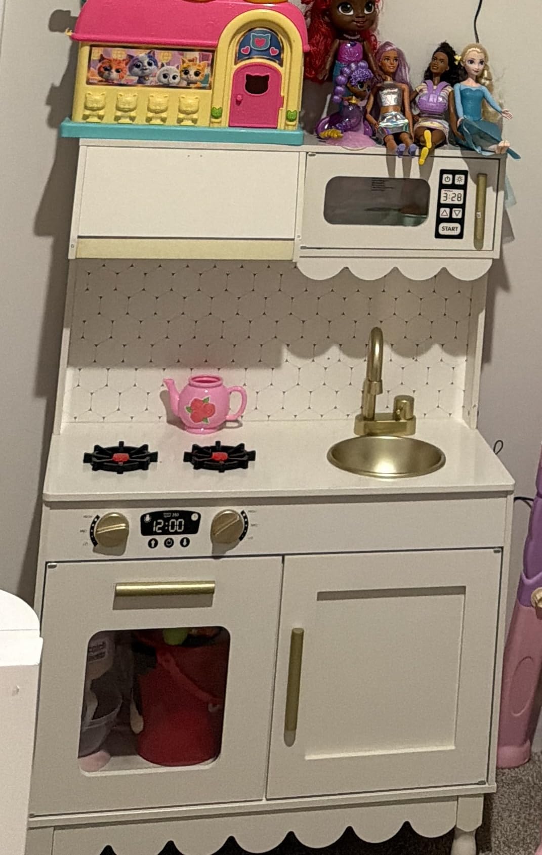 Best Choice Products Toddler Kitchen Playset, Wooden Cottage Kids Play Kitchen with 5 Accessories, Toy Storage, Scalloped Edge, and Pretend Play Microwave, Oven, Clicking Knobs - Cream customer photo 2