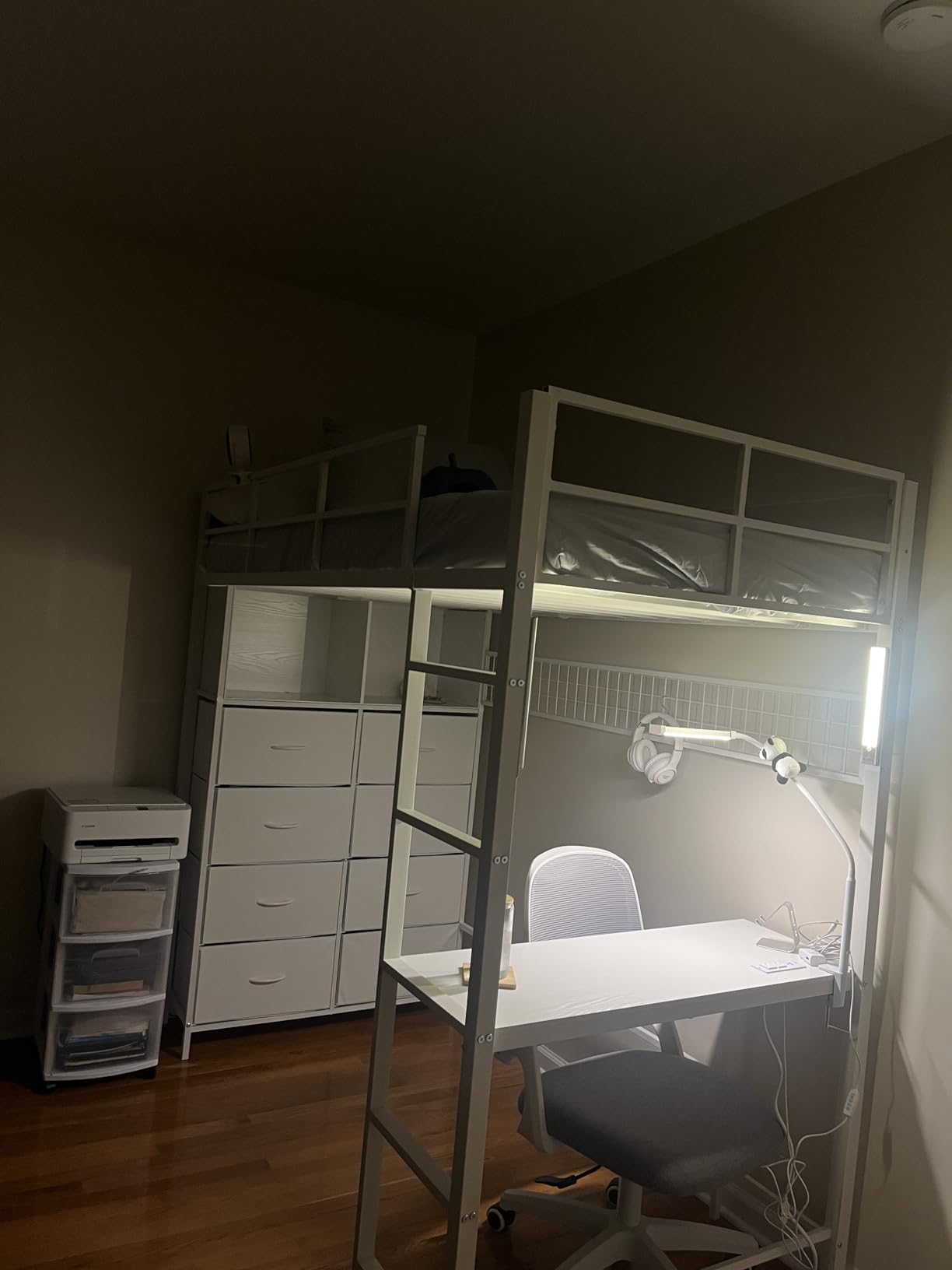 ADORNEVE Twin Loft Bed with Desk, 8 Storage Drawers,LED Lights, White | Metal Kids Loft Bed with Charging Sation, Storage Shelves, 13.1