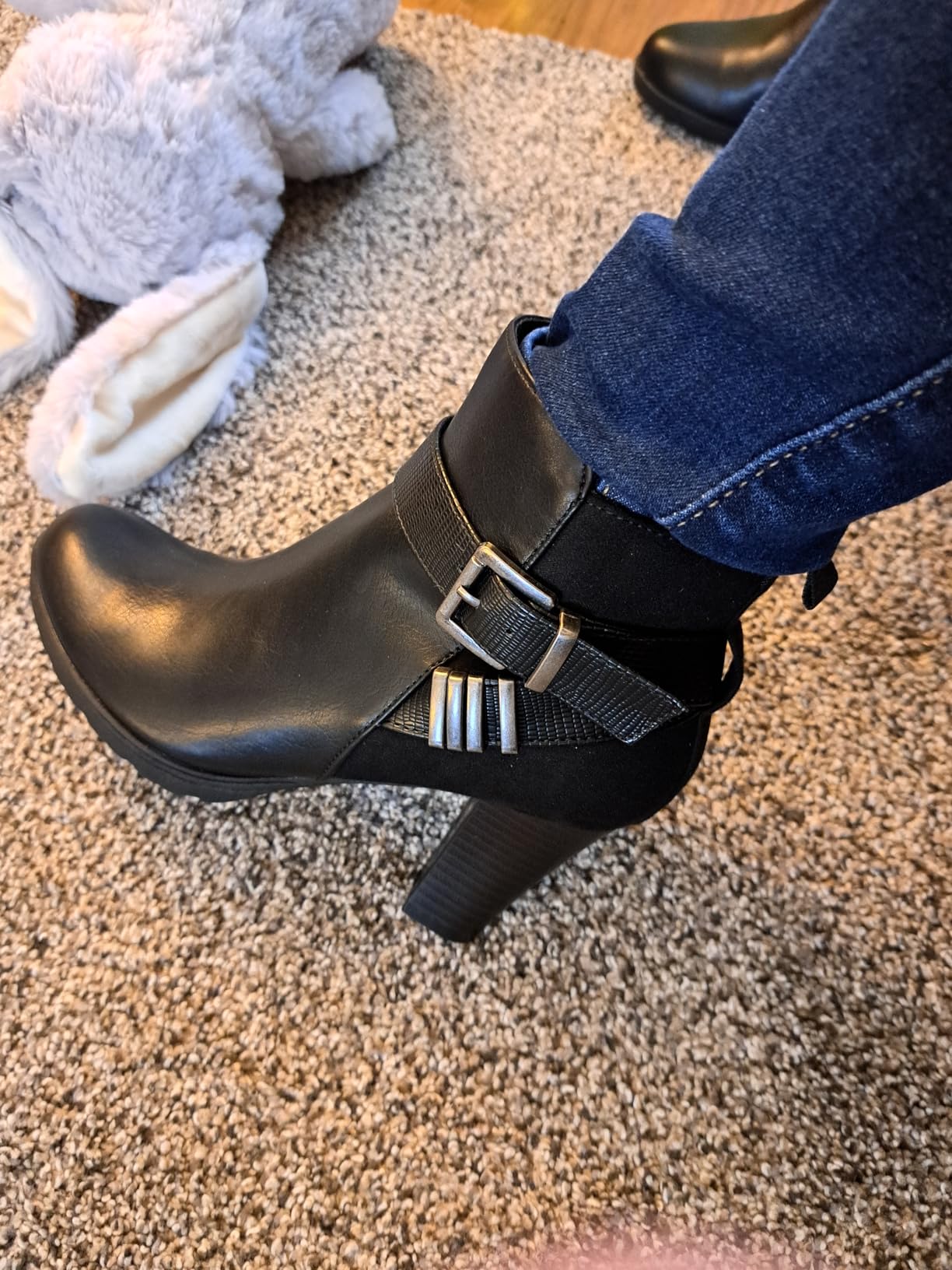 mysoft Women's Chunky Stacked Heel Ankle Boots Zipper Buckle Booties customer photo 1