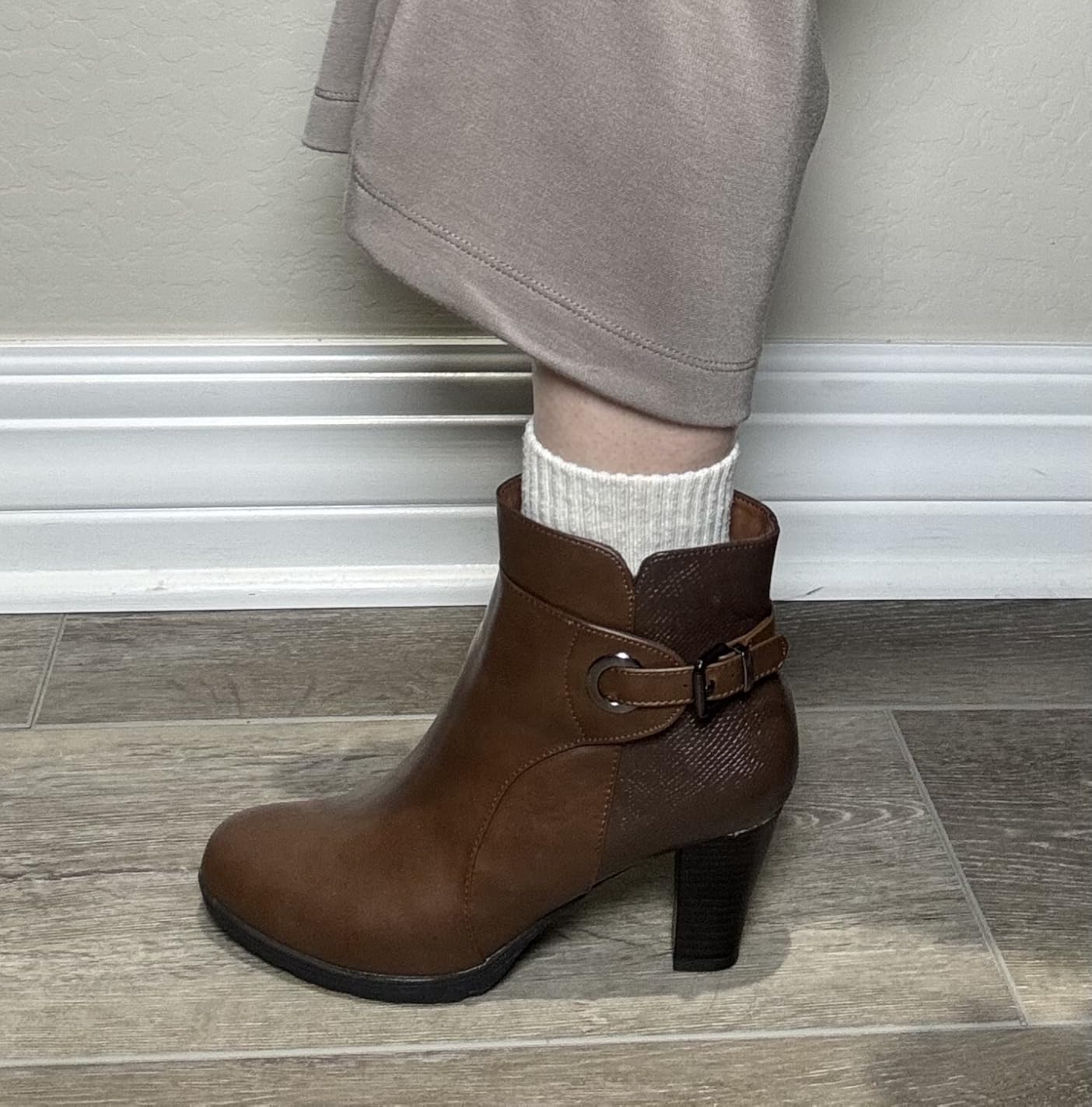 mysoft Women's Chunky Stacked Heel Ankle Boots Zipper Buckle Booties customer photo 2