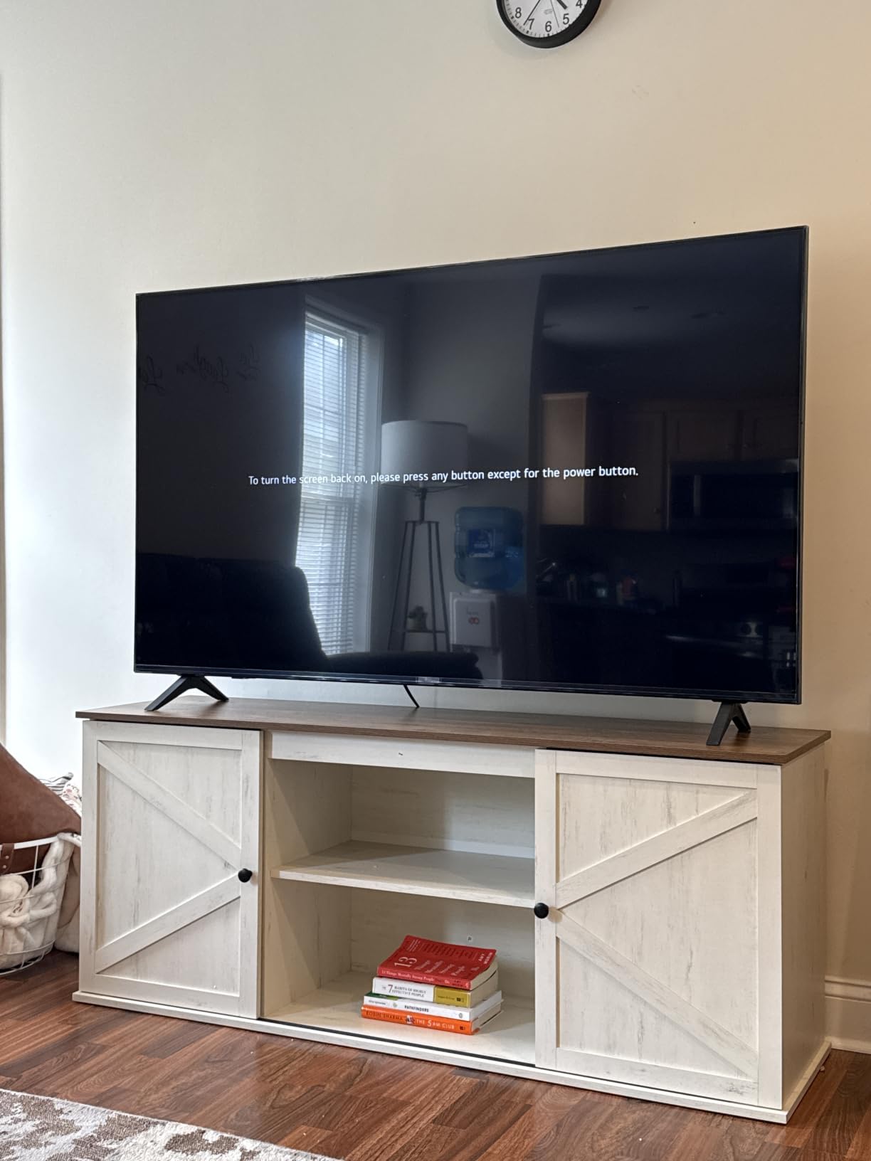VASAGLE Farmhouse TV Stand for TVs up to 80 Inches, Entertainment Center with Storage Cabinets and Sliding Barn Doors, Media Console Table for Living Room, Rustic White and Honey Brown ULTV537W01 customer photo 1
