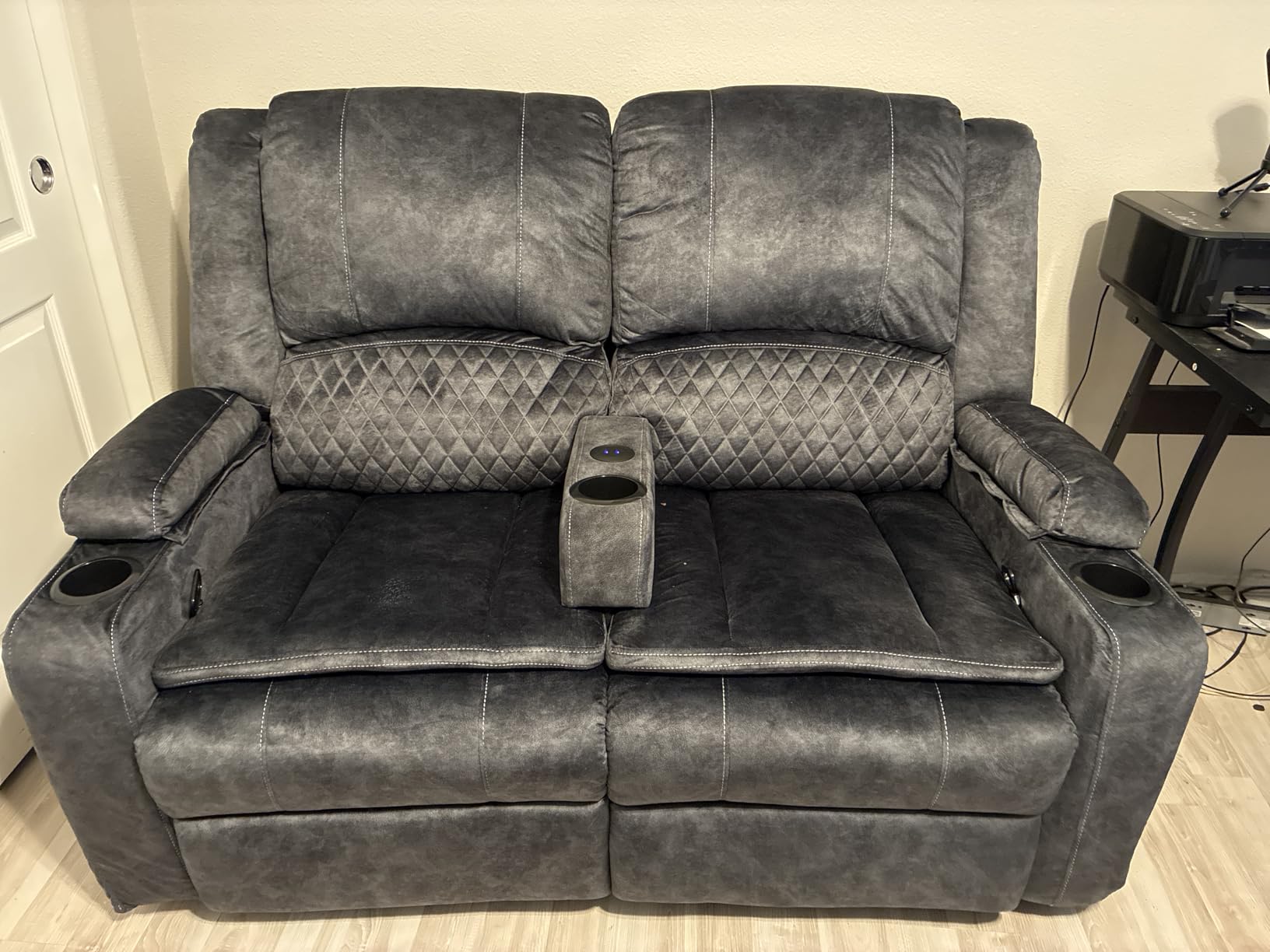 Yolsali 3-Seater Recliner Sofa, Manual Reclining Couch with Multi-Functional Middle Seat, Reclining Sofa for Living Room with Hidden Storage Space, Cup Holders, and Removable Console - PU Brown customer photo 1