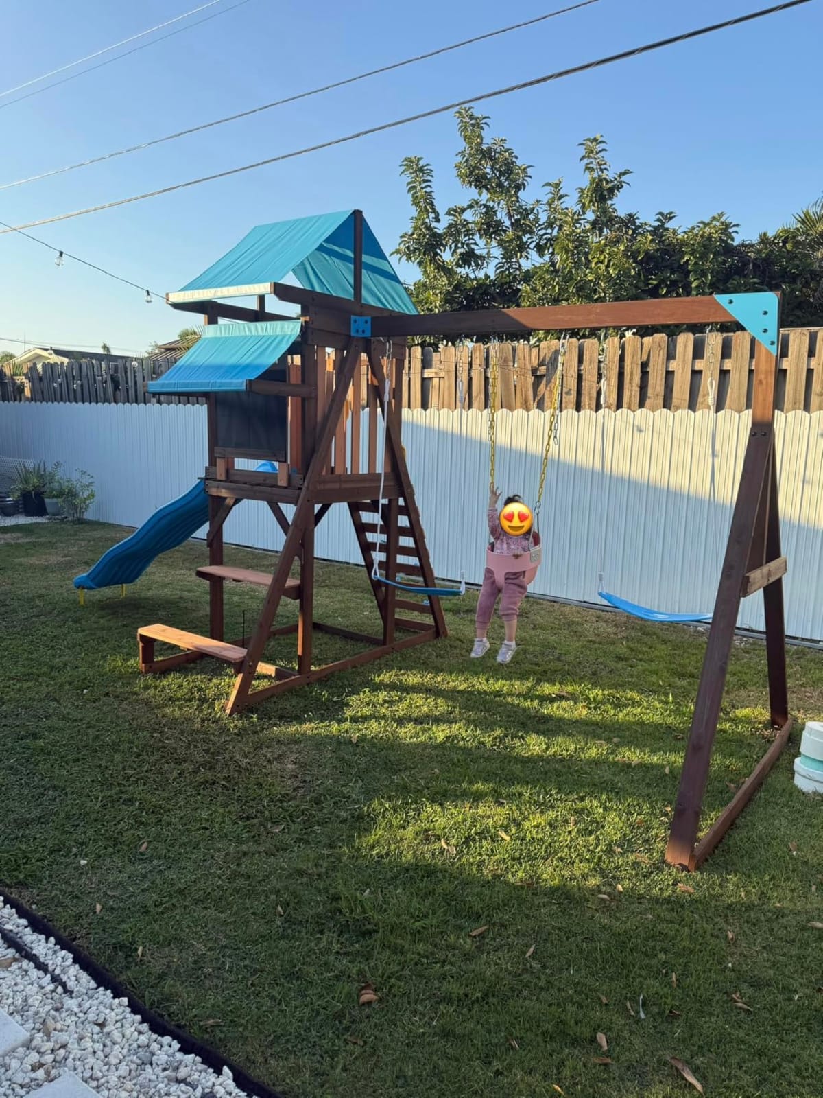 Sportspower Rosemont Cedar Wooden Swing Set with 8' Slide, 2 Adjustable Swings, Trapeze, Play Fort with Rock Climber, Sandbox, Picnic Table, Chalk Tarp & Anchor Kit, Outdoor Playset for Kids Ages 3–8 customer photo 2