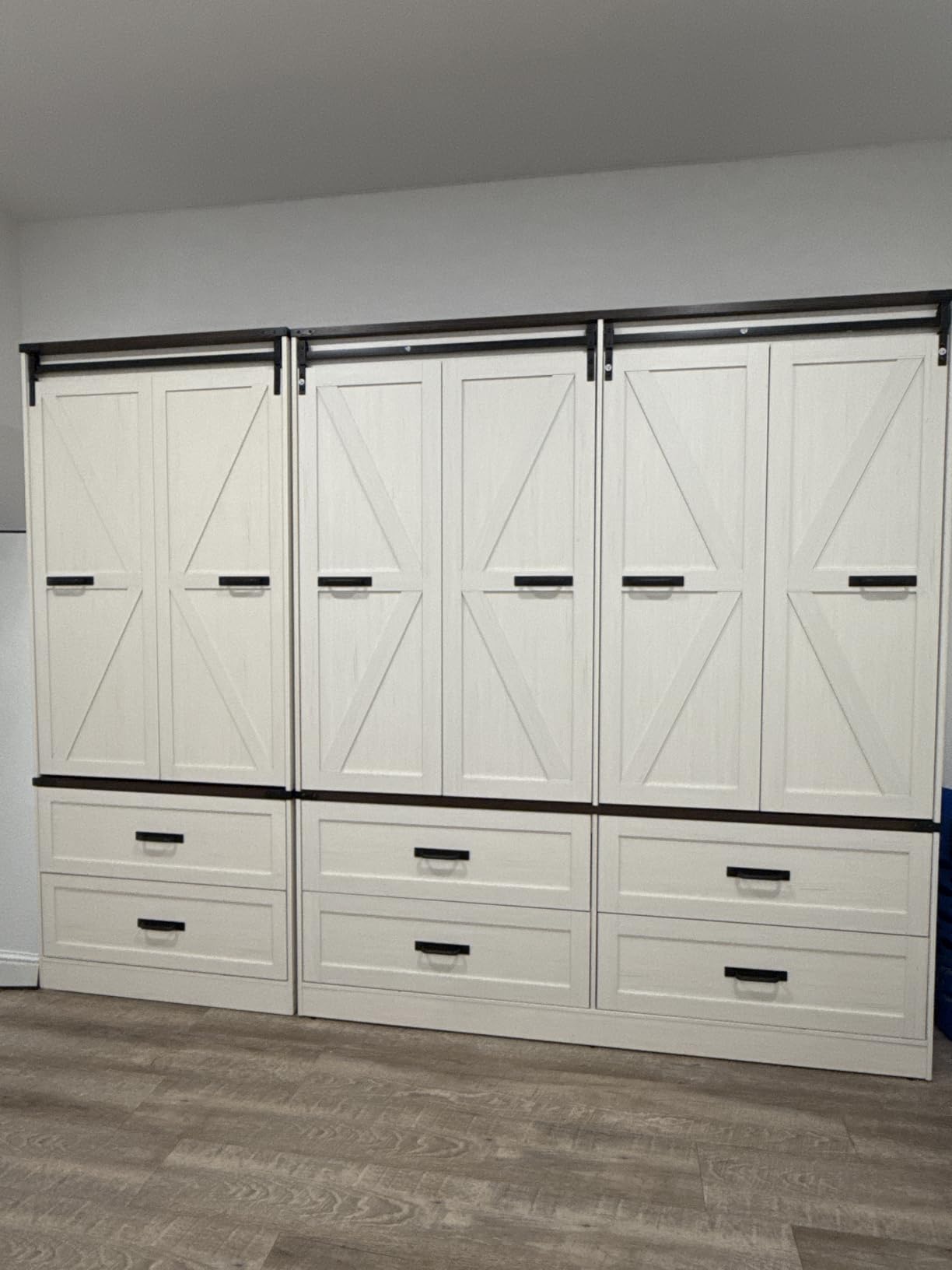 Farmhouse 4 Doors Armoire Wardrobe Closet w/Folding Sliding Barn Door and Lights, LED Armoire Closet w/Drawers for Bedroom, Freestanding Wooden Wardrobe Storage Closets w/Hanging Rod,Rustic Brown customer photo 1