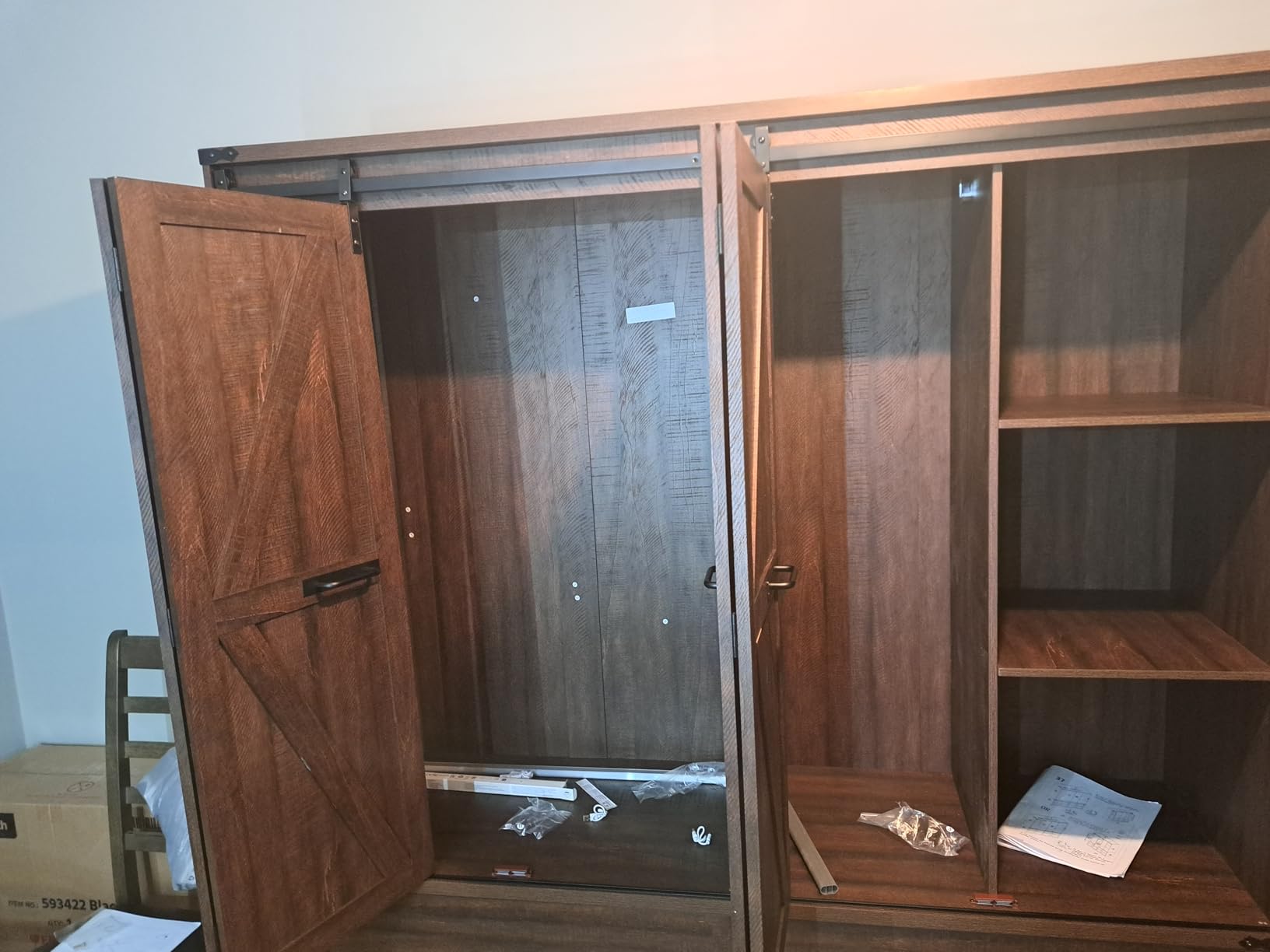 Farmhouse 4 Doors Armoire Wardrobe Closet w/Folding Sliding Barn Door and Lights, LED Armoire Closet w/Drawers for Bedroom, Freestanding Wooden Wardrobe Storage Closets w/Hanging Rod,Rustic Brown customer photo 2