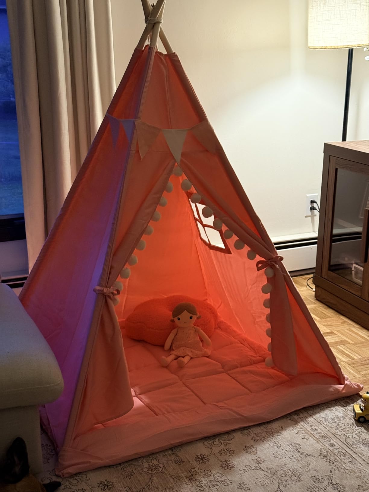 WIRHAO Teepee Tent for Kids with Mat, Cotton Canvas Kids Teepee with Pompom for Toddlers Indoor Play Tent for Girls Boys with Stars Lights, Carry Bag, Banner Flag (Khaki) customer photo 1