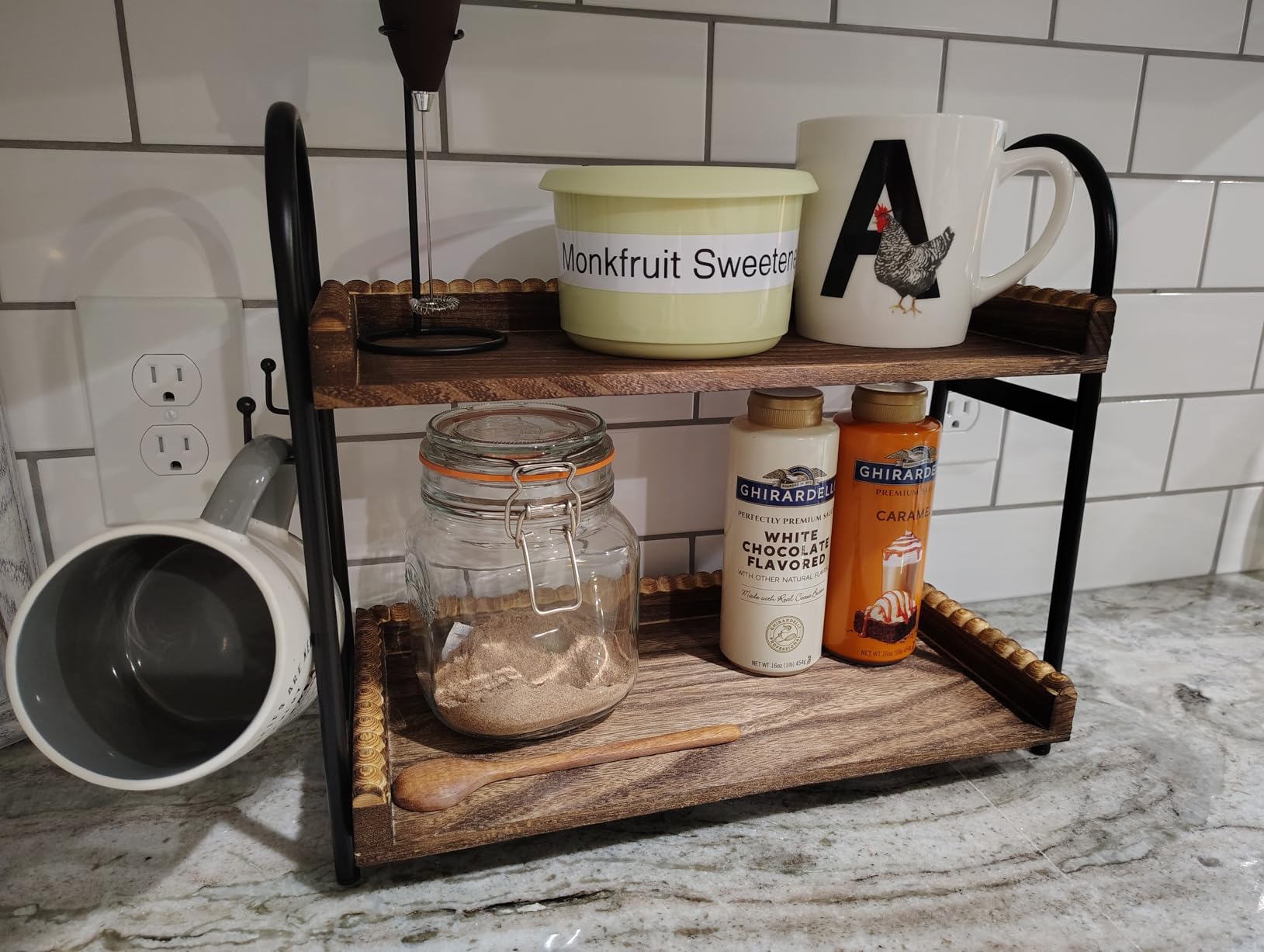 BDBDYEAY Coffee Bar Accessories, 2-Tier Coffee Bar Organizer with 4 Coffee Cup Holder Hooks, Mul-tifunctional Wooden Beaded Coffee Station Countertop Stand Shelf for Kitchen Home Office customer photo 2