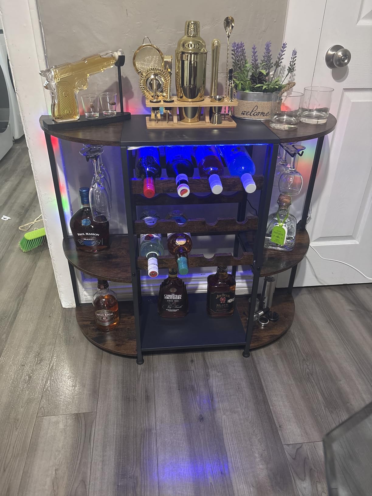 JKsmart Wine Bar Cabinet with LED Lights, Mini Wine Bar Cart with Storage and Glass Holder, Home Bar Coffee Bar for Liquor, 3-Tier Bar Table for Kitchen, Dining Room, Living Room, Black customer photo 2