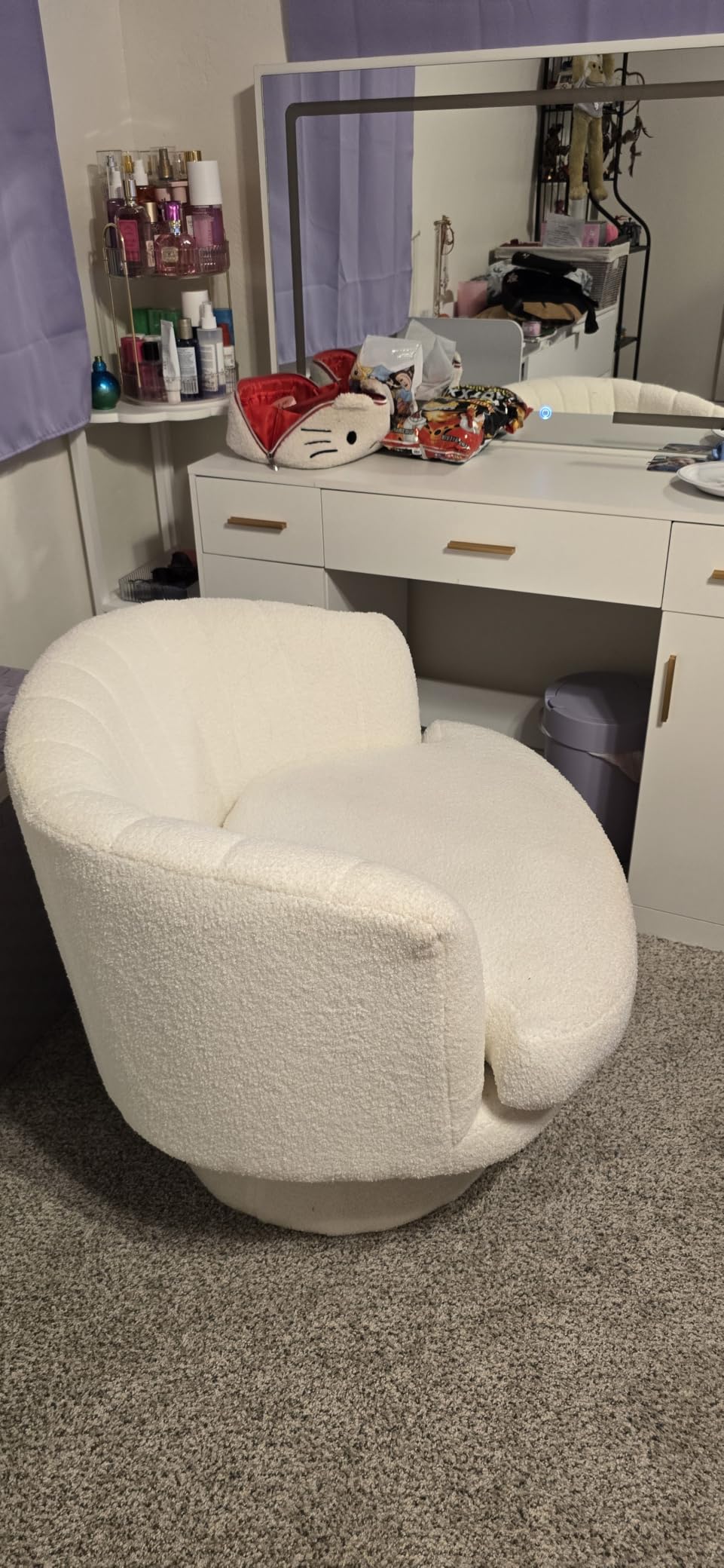 CANMOV Swivel Accent Chair with Armrest, Modern 360 Degree Swivel Barrel Chair with Curve Back and Soft Cushion,Comfy Round Sherpa Teddy Armchair Single Sofa for Living Room,Bedroom,Waiting Room,Beige customer photo 2