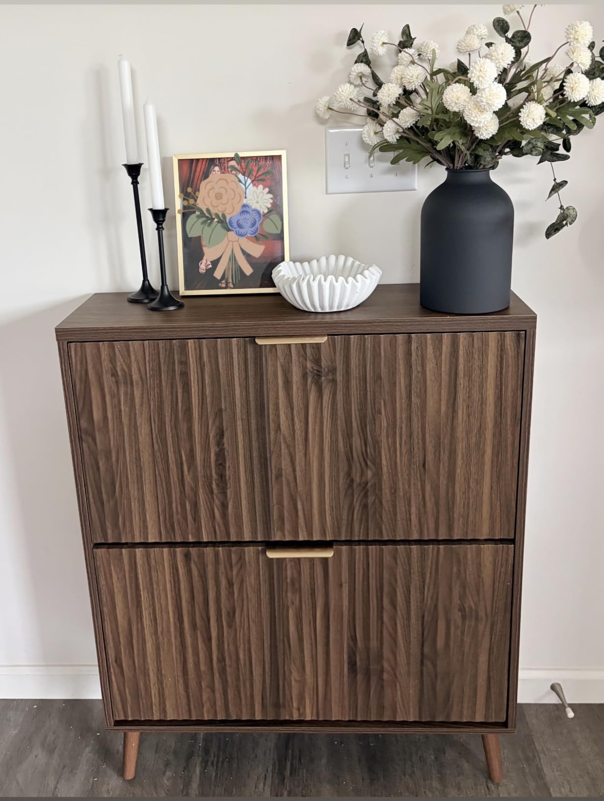 Shoe Cabinet Storage, Modern Freestanding Organizer with 2 Flip Drawers, Narrow Shoe Rack for Entryway, Walnut customer photo 1
