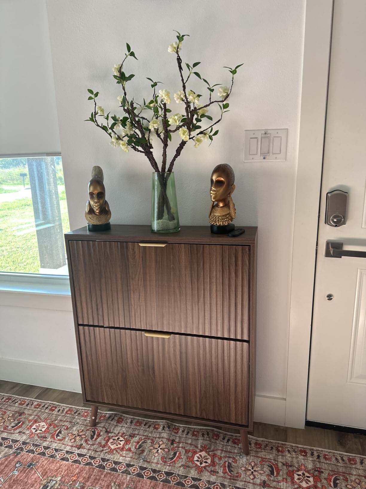 Shoe Cabinet Storage, Modern Freestanding Organizer with 2 Flip Drawers, Narrow Shoe Rack for Entryway, Walnut customer photo 2