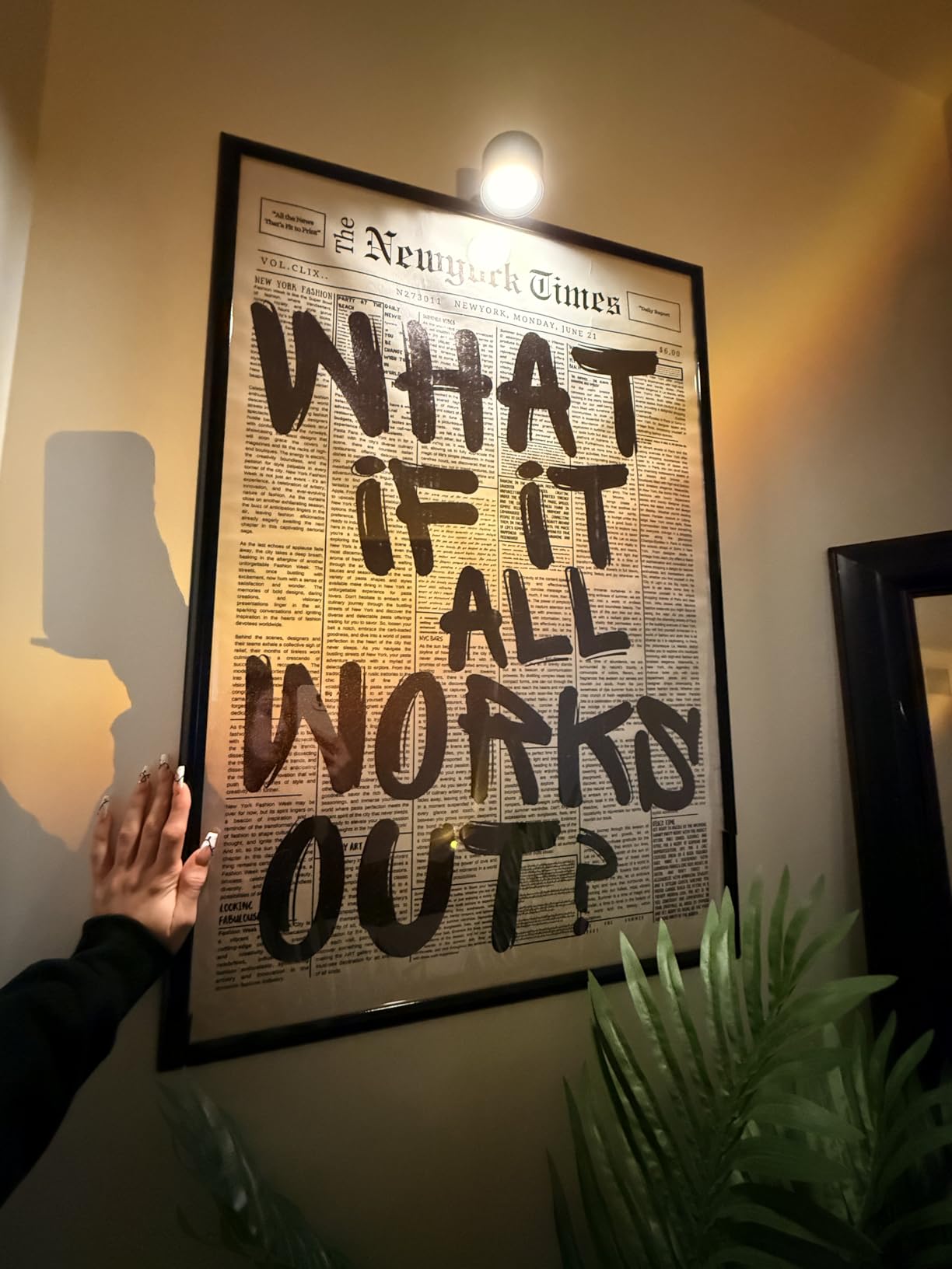 Retro Black And White Newspaper Poster What If It All Works Out Canvas Wall Art Positive Affirming Quote Minimalist Prints Painting For Home Bedroom Dorm Wall Decor 8x12in Framed customer photo 1