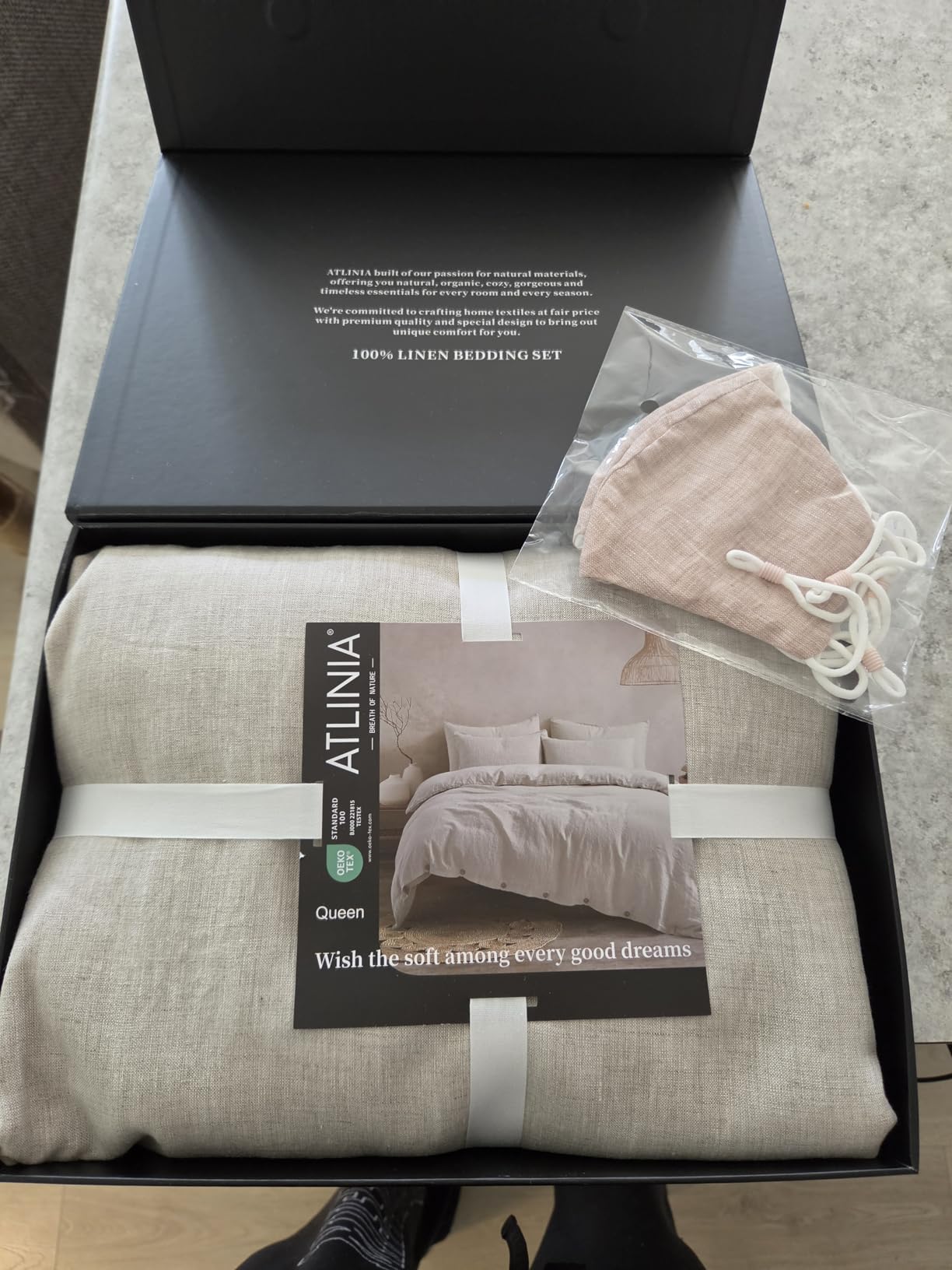 ATLINIA 100% Flax Linen Duvet Cover Set - Stone Washed Pure French Linen Organic Fabric for Farmhouse Comforter Boho Bedding Included 1 Duvet Cover 2 Pillow Shams(Natural, Queen) customer photo 2