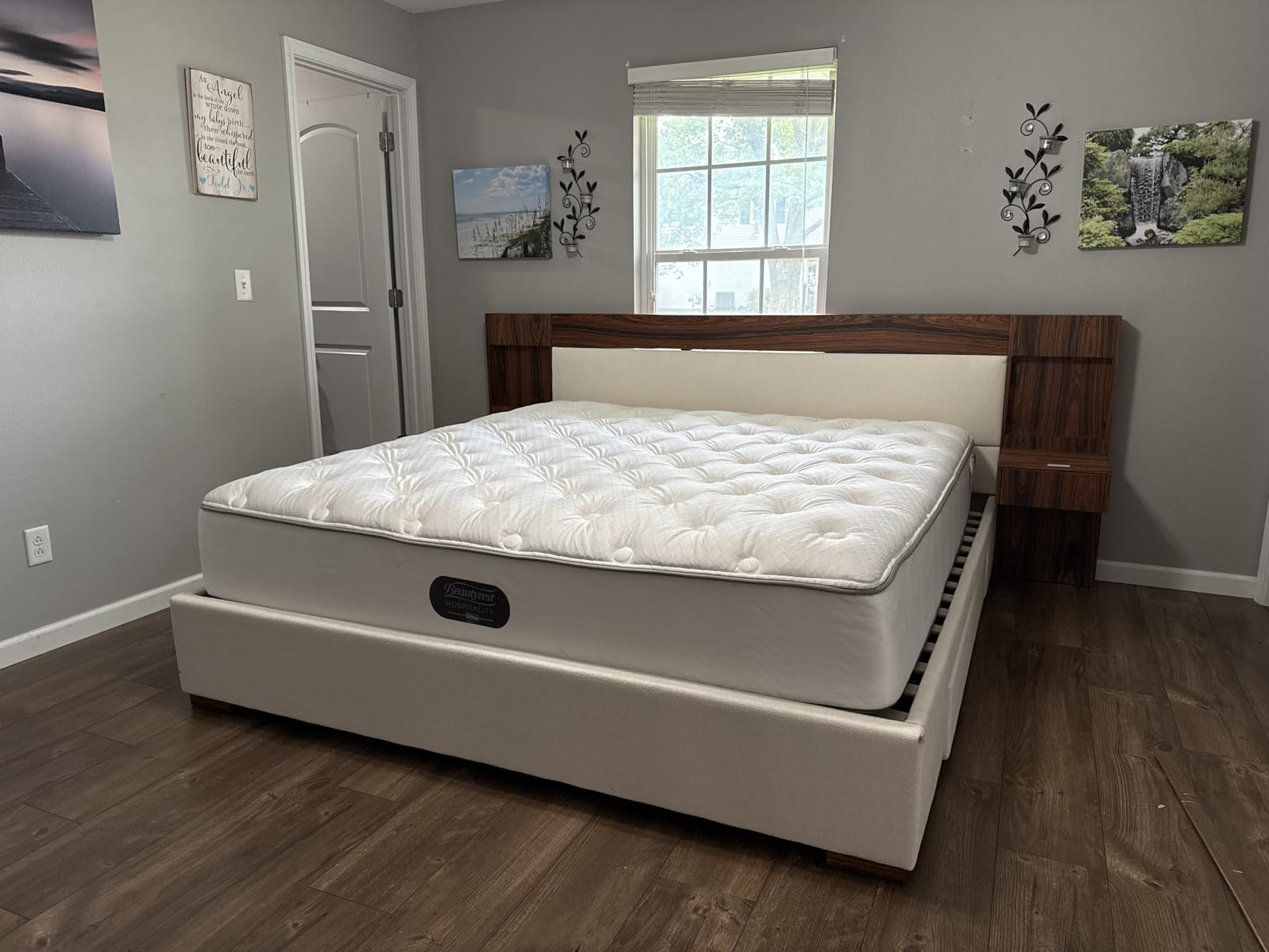 Queen Wood Bed Frame with 2 Nightstands & Drawers, Ocher Linen Headboard customer photo 2