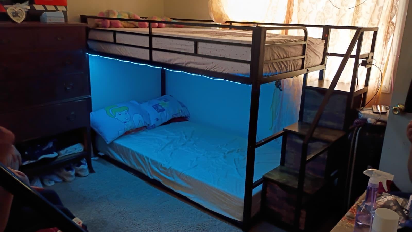 ADORNEVE Low Bunk Bed Twin Over Twin with Storage Stairs, White | 3 Drawers & Shelf, RGB Lights Metal Floor Bunk with Power Outlet, Safety Guardrail & Metal Slats, for Small Kids Bedroom customer photo 2