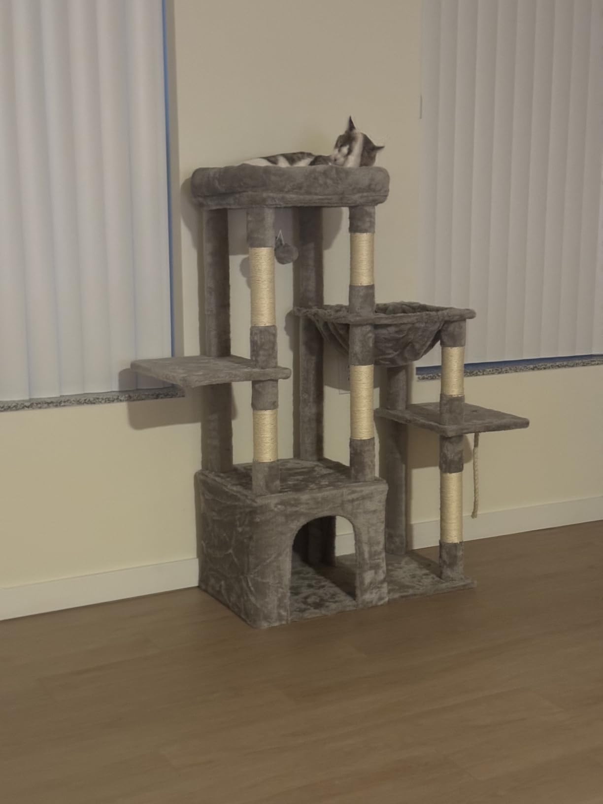 Heybly Heavy Duty Cat Tree with Large Base for Large Indoor Cats HCT026W | Cat Tower with Scratching Posts, Tall Cat Condo House, Multi-Level Plush Furniture with Hammock & Toy Balls, Light Gray customer photo 1