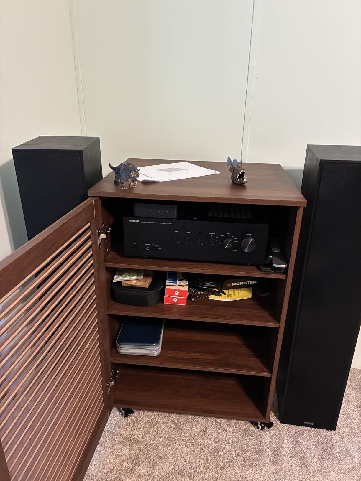 LEVNARY 5-Tier AV Media Cabinet with Grille Door & Adjustable Shelves, Modern Wooden Stereo Rack with Cable Management & Wheels, Audio Video Stand for Living Gaming Room Recording Studio (Walnut) customer photo 1