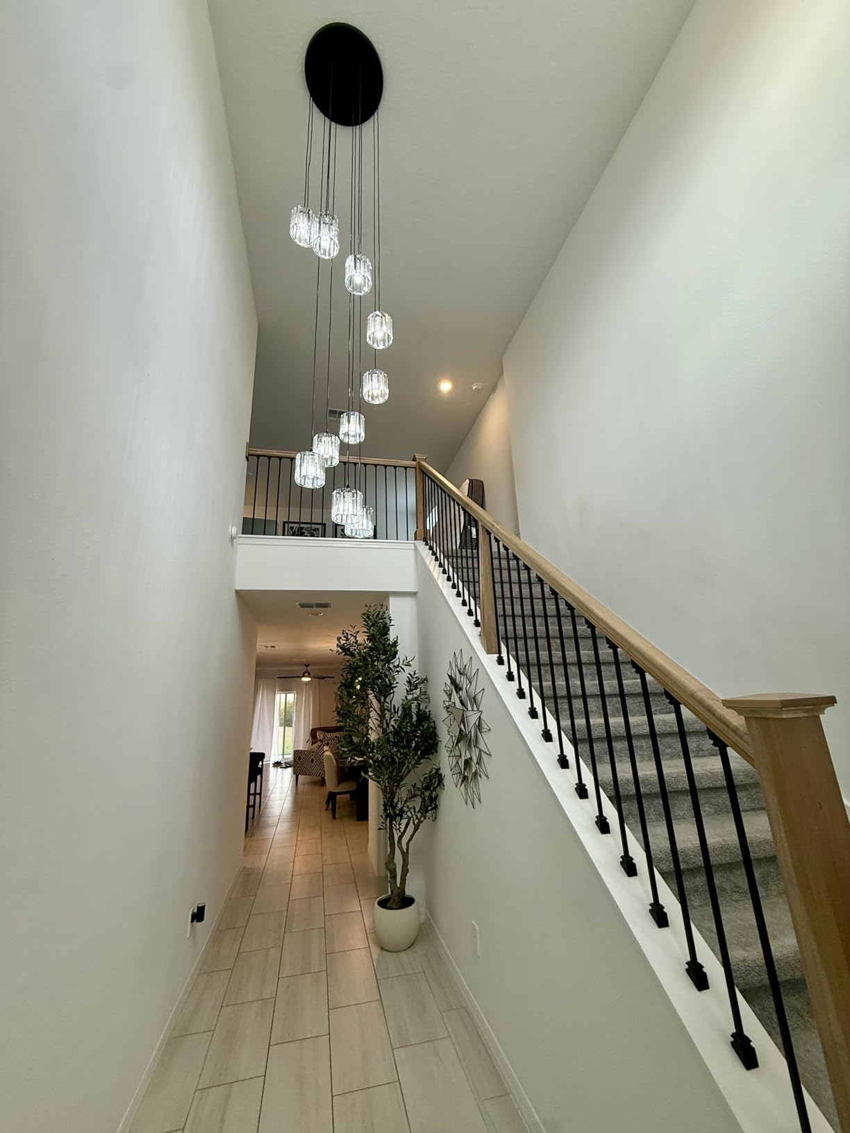 Long Chandeliers for High Ceilings,Modern Crystal Pendant Light,Raindrop Drop Lamp,Hanging Flush Mount Lighting Fixtures for Spiral Staircase,Foyer,Entryway,Living Room,Black (21 Lights) customer photo 2