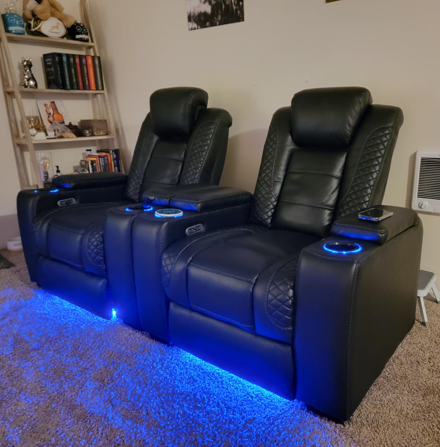 ANJ Power Home Theater Recliner Chair Set of 2, Electric Movie Theater Seating Reclining Chairs with Cup Holders for Living Room, Faux Leather with Blue LED, USB Ports, Hidden Arm Storage (Black) customer photo 1